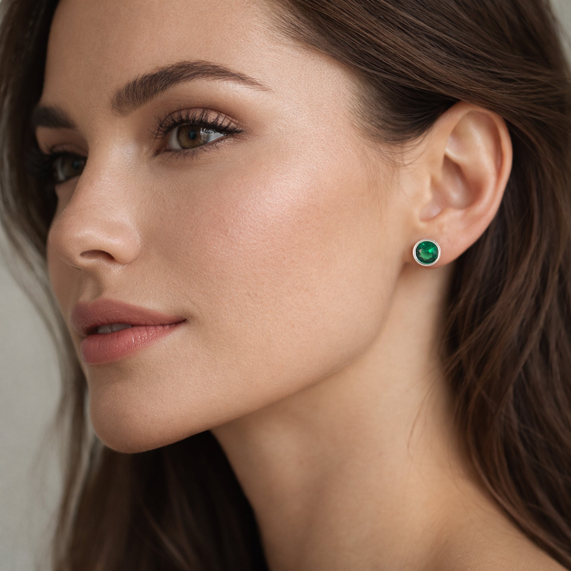Sterling Silver Green Emerald Round Stud Earrings for Women | 925 Silver Minimal Everyday Earrings