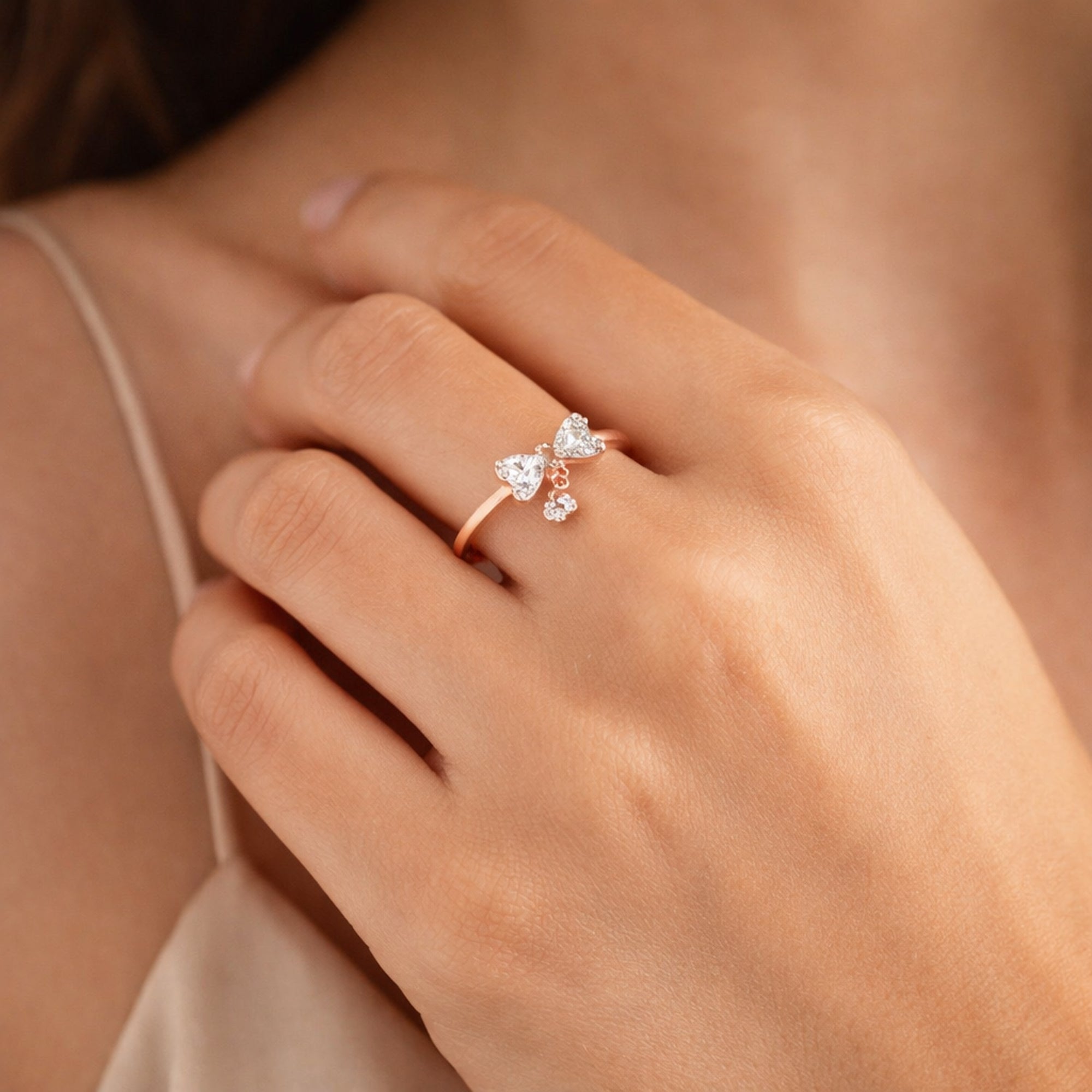 Rose Gold Double Heart CZ Adjustable Ring in 925 Sterling Silver