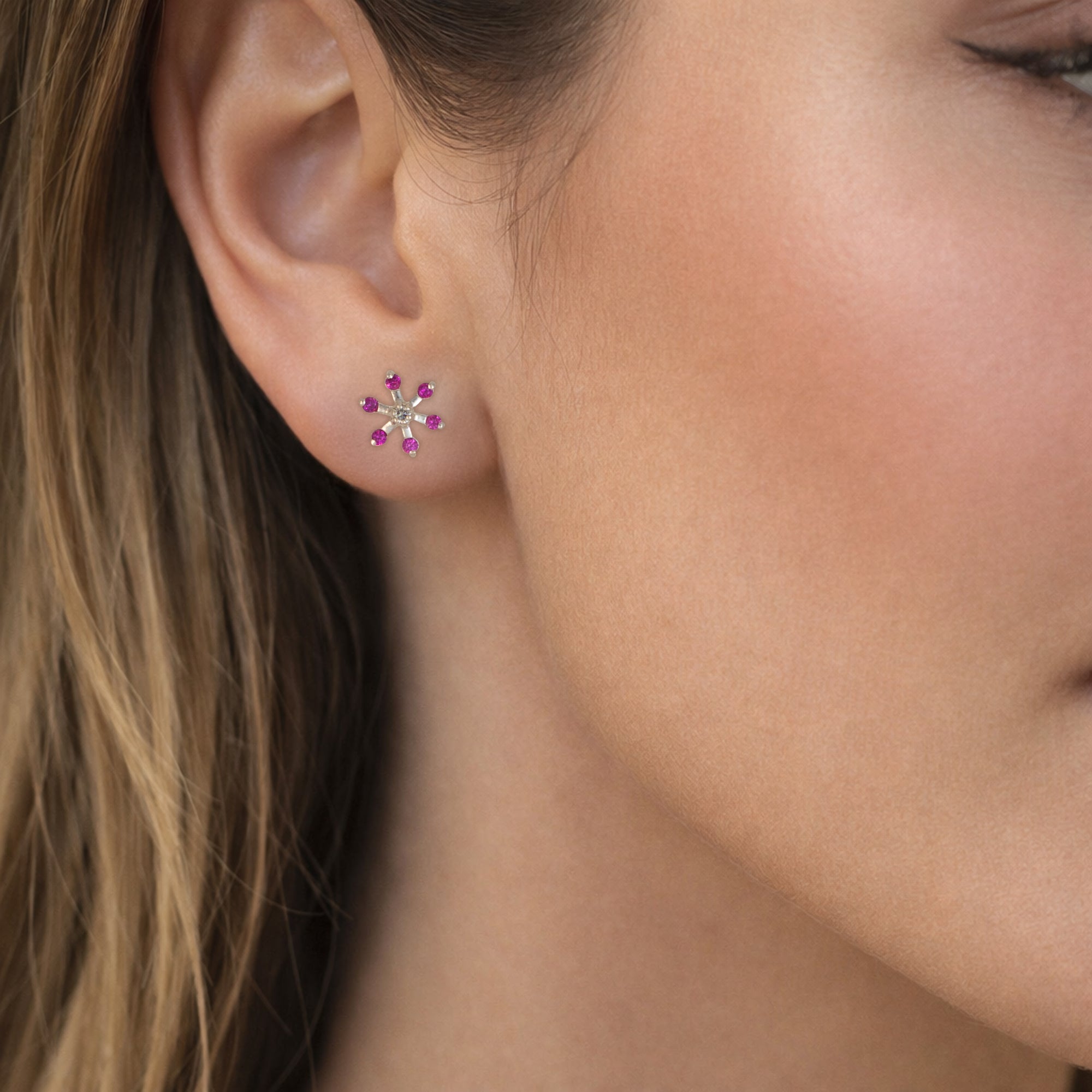 925 Sterling Silver Pink Stone Starburst Stud Earrings | Floral Sparkle Design