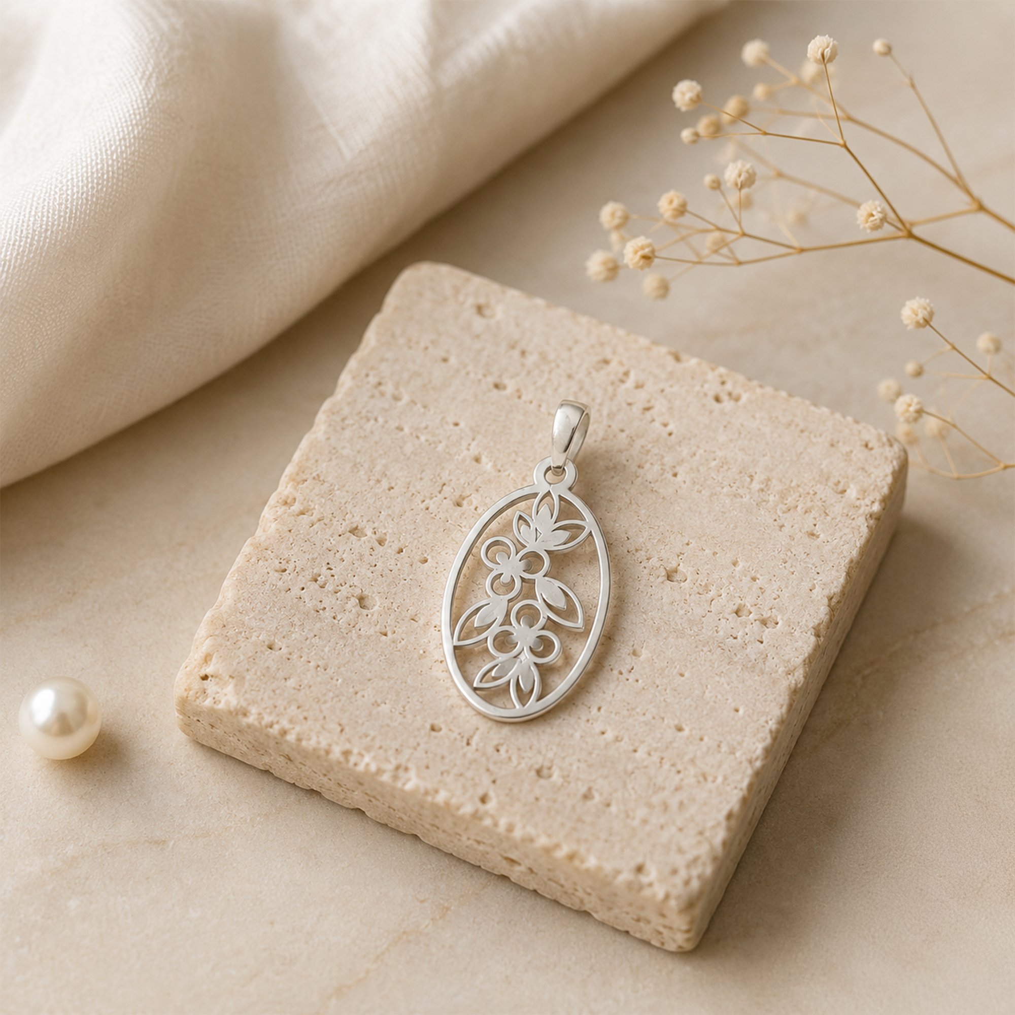 925 Sterling Silver Floral Oval Pendant Necklace | Openwork Flower Pendant | Elegant Nature Inspired Jewelry