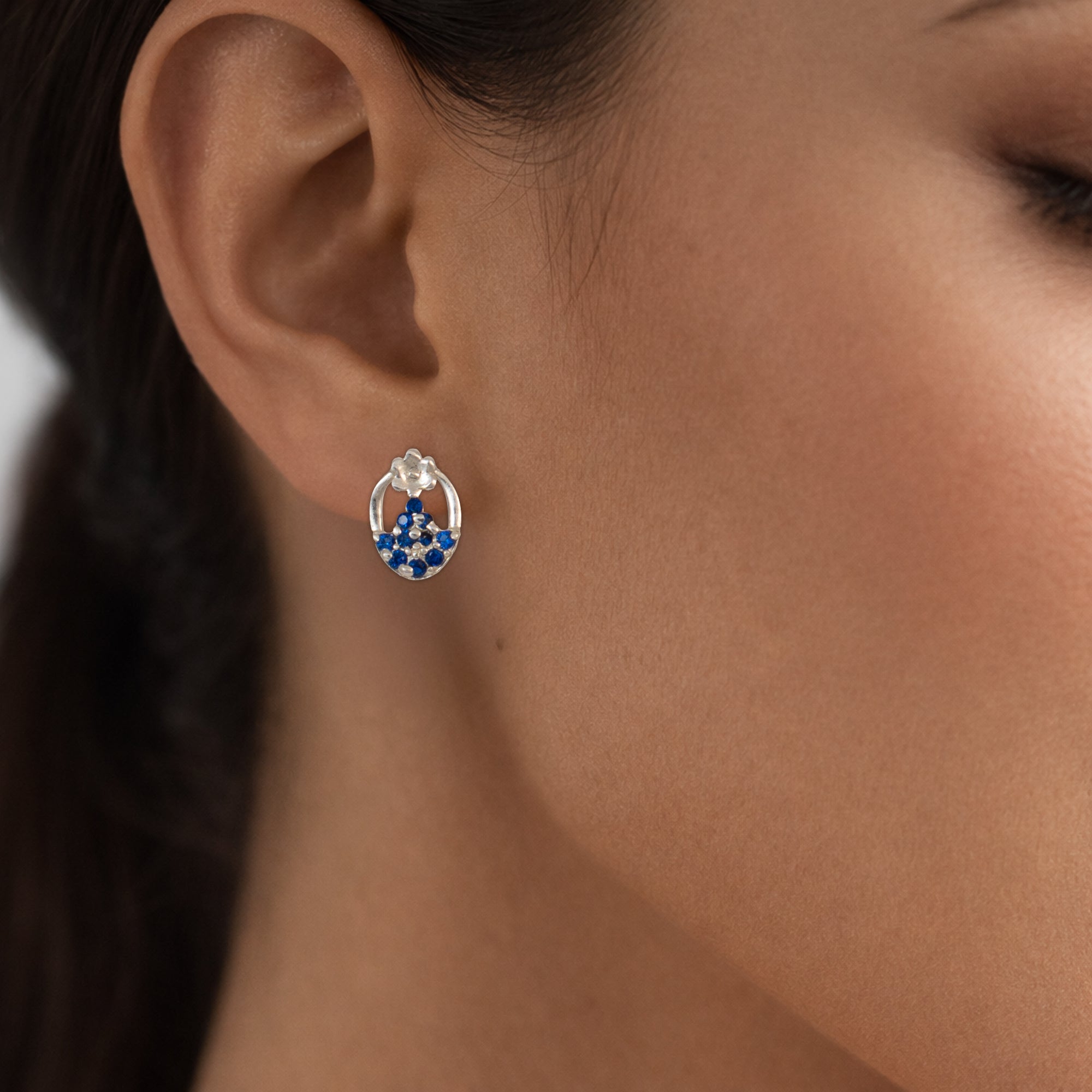 925 Sterling Silver Blue Crystal Oval Stud Earrings | Floral Accent Design