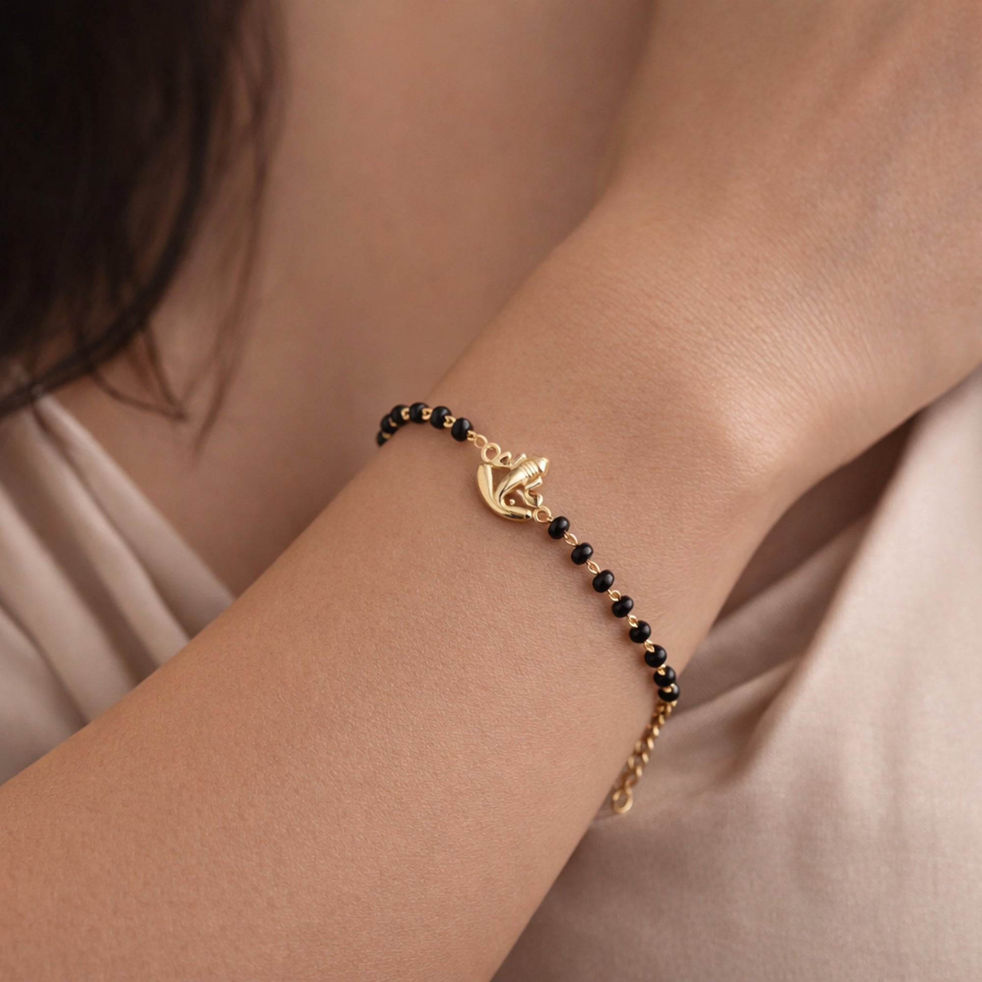 925 Sterling Silver Gold-Plated Black Beads Mangalsutra Bracelet for Women | Adjustable Chain Bracelet