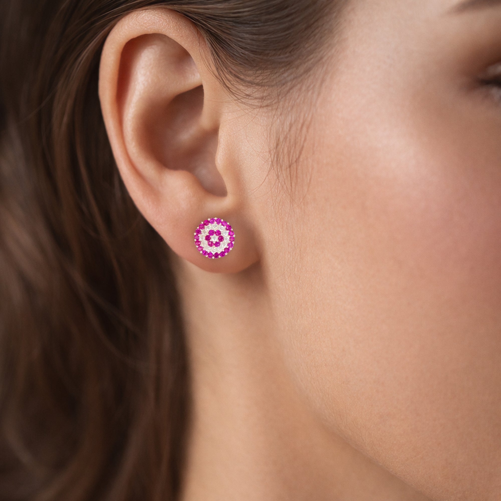 925 Sterling Silver Pink & White Circular Pavé Stud Earrings for Women | Floral Halo Design