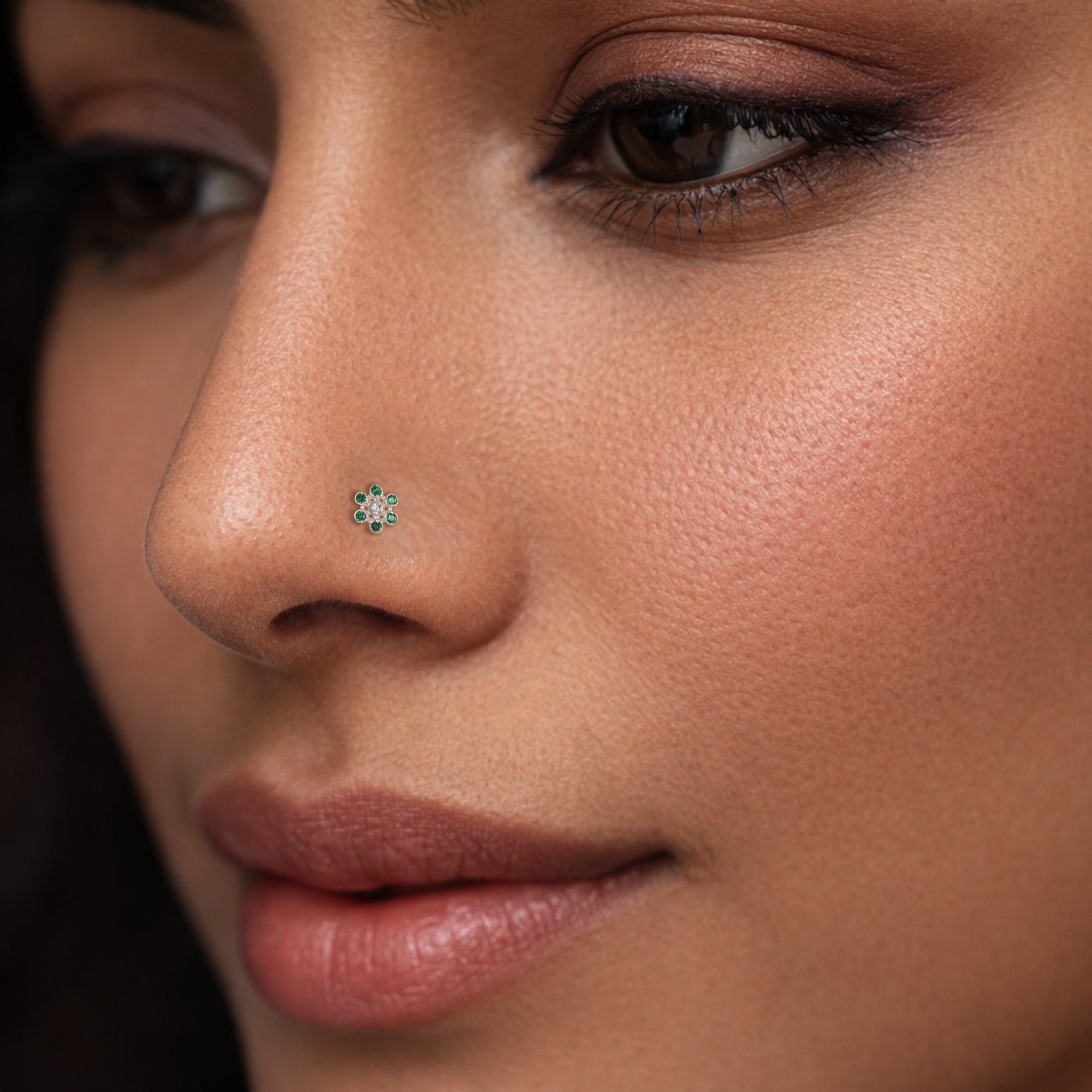Sterling Silver Nose Stud, Flower Design with Green and Clear Stones