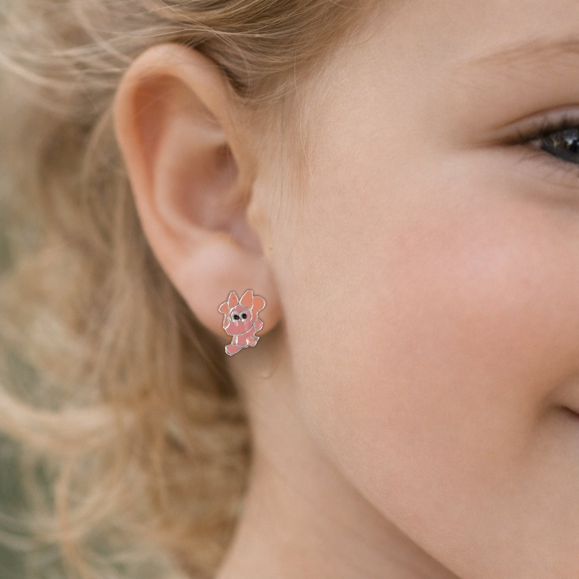 Cute Pink Cartoon Stud Earrings for Kids | 925 Sterling Silver Enamel Earrings