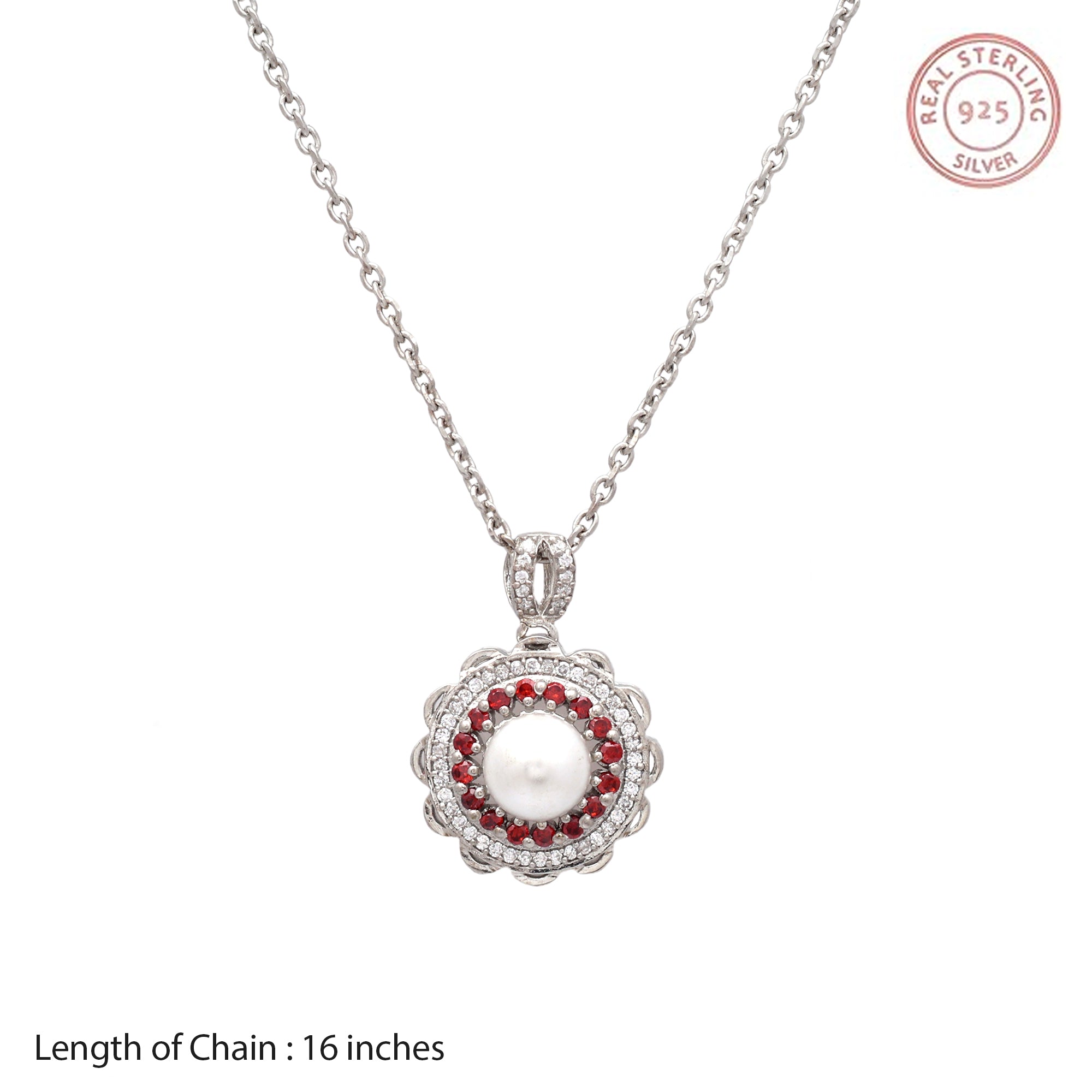 Vintage Pearl Halo Pendant Necklace in 925 Sterling Silver with Red & White Stones