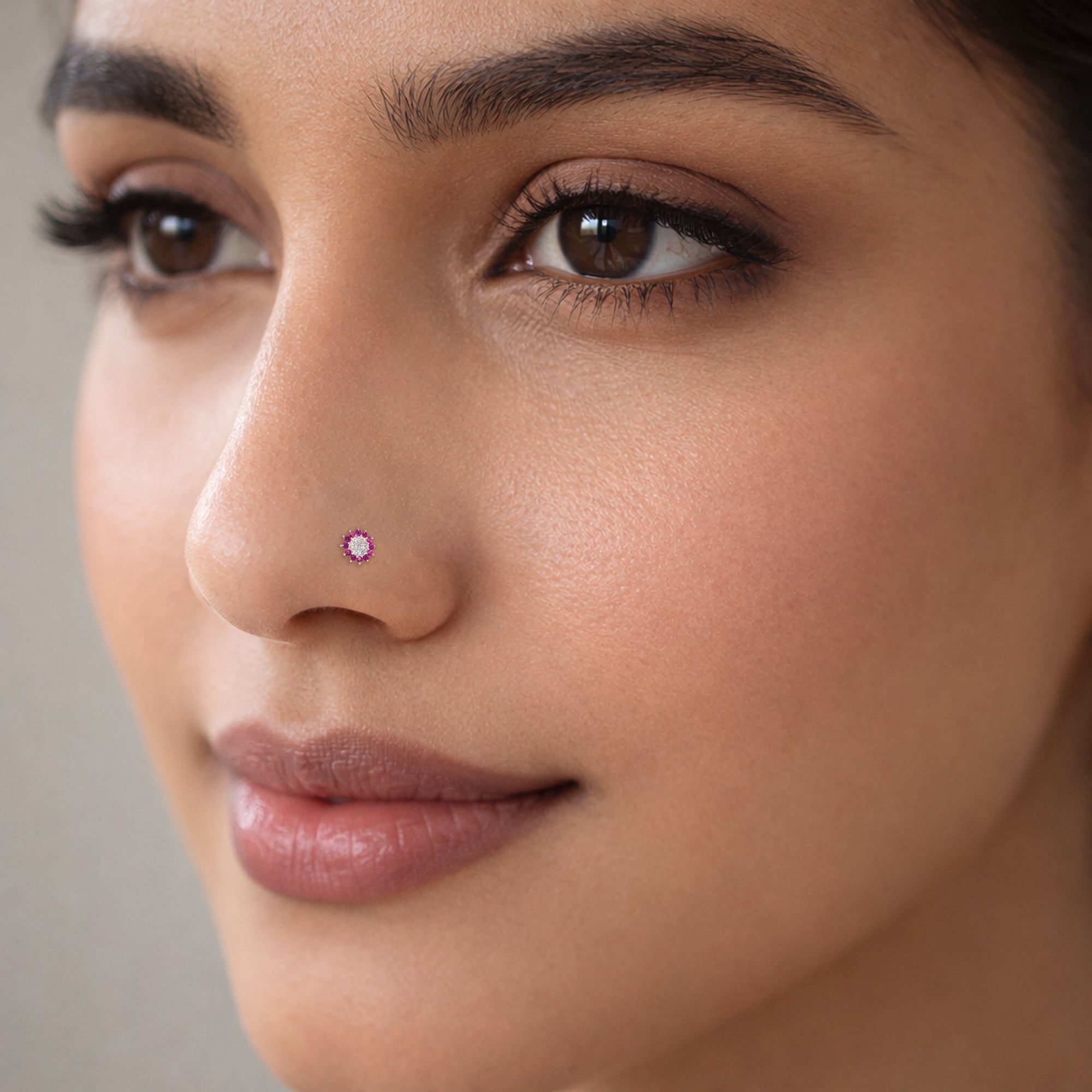 TVISVA JEWELS 925 Sterling Silver Floral Nose Pin for Women, Studded with White & Magenta Cubic Zirconia Stones, Daily Wear Nose Ring
