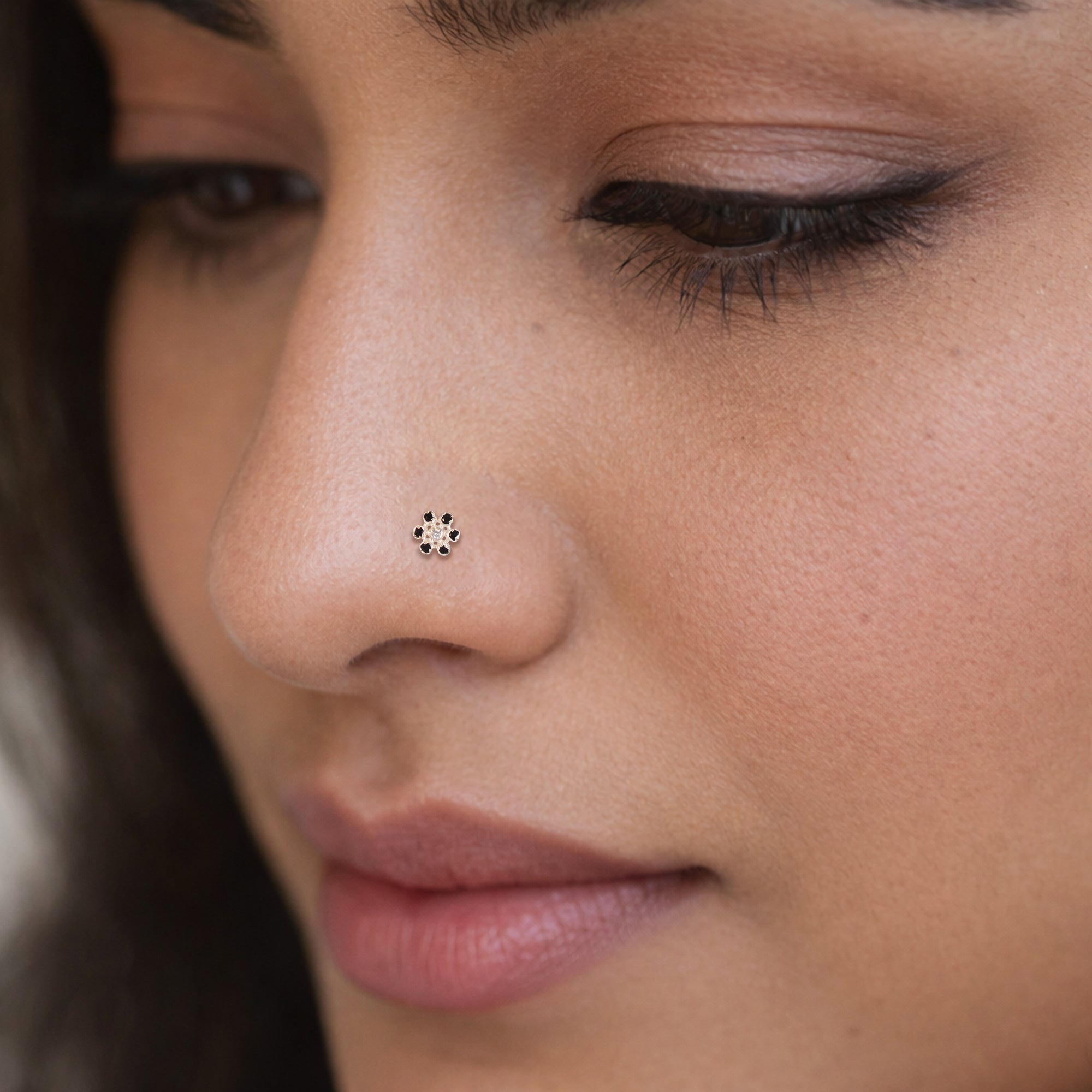 TVISVA JEWELS 925 Sterling Silver Minimalist Floral Nose Stud for Women with Clear & Black Cubic Zirconia | Daily Wear Nose Pin