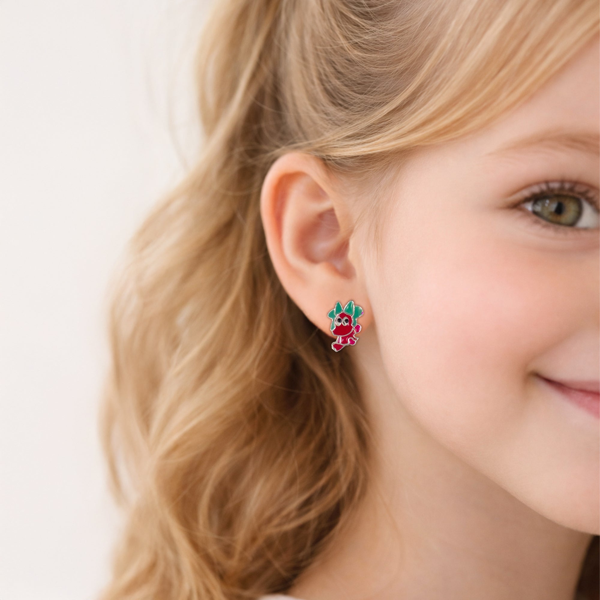 Cute Red & Green Cartoon Stud Earrings for Kids | 925 Sterling Silver Enamel Earrings