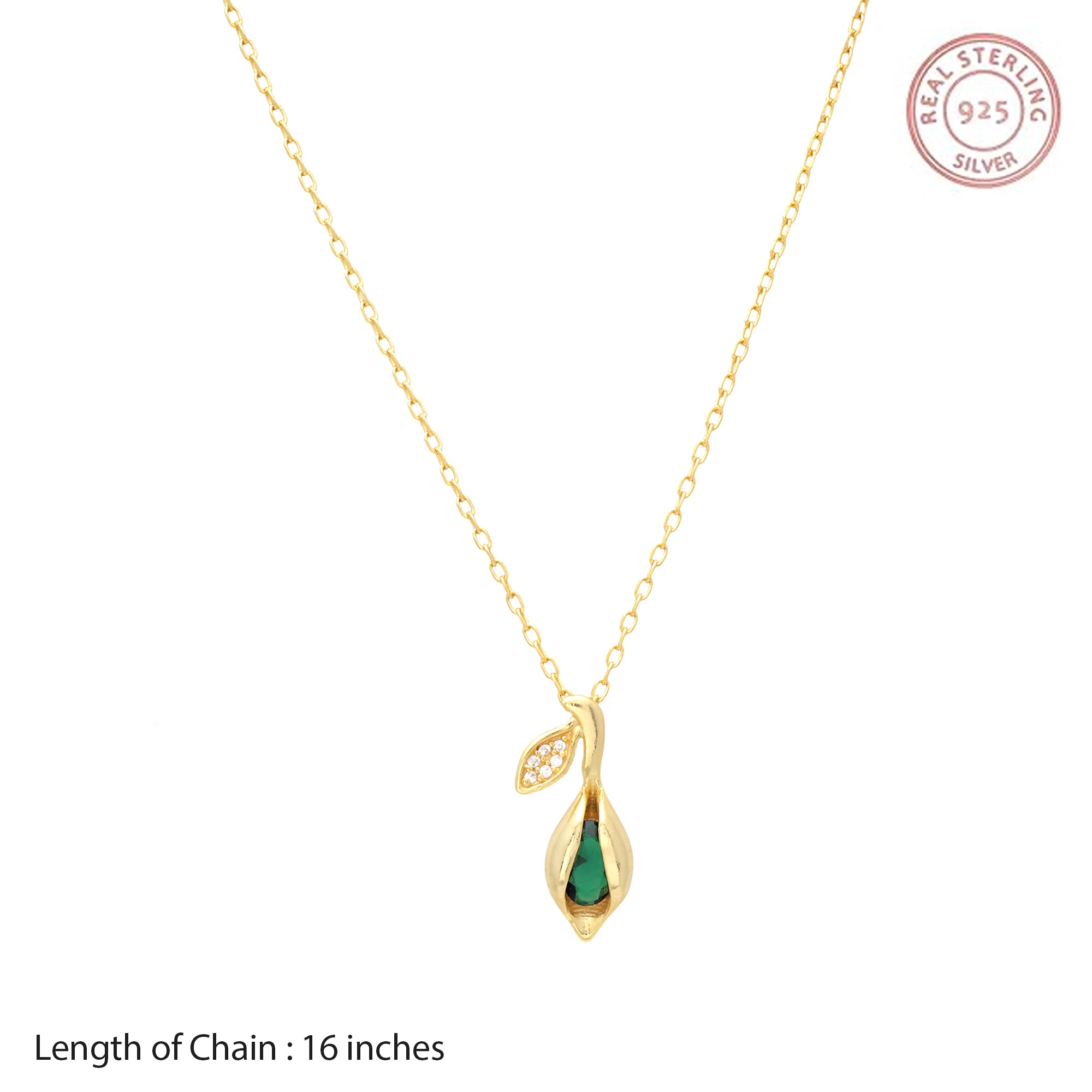 Gold Plated Green Teardrop Pendant Necklace in 925 Sterling Silver – Leaf Design