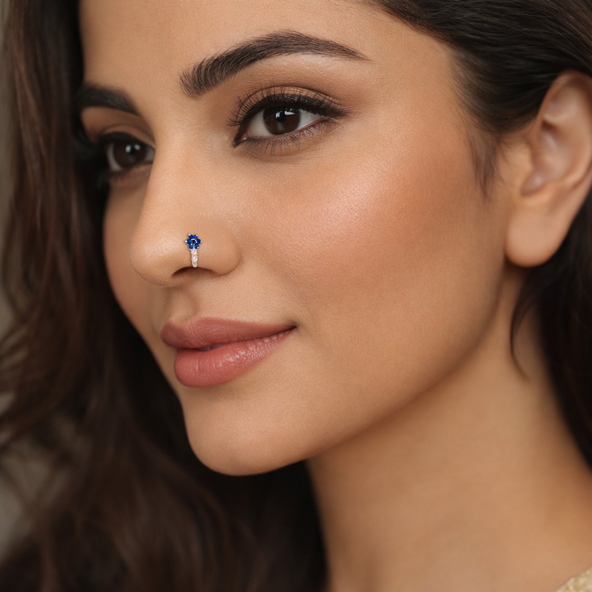 TVISVA JEWELS 925 Sterling Silver Blue Floral Nose Pin for Women with Cubic Zirconia Stones