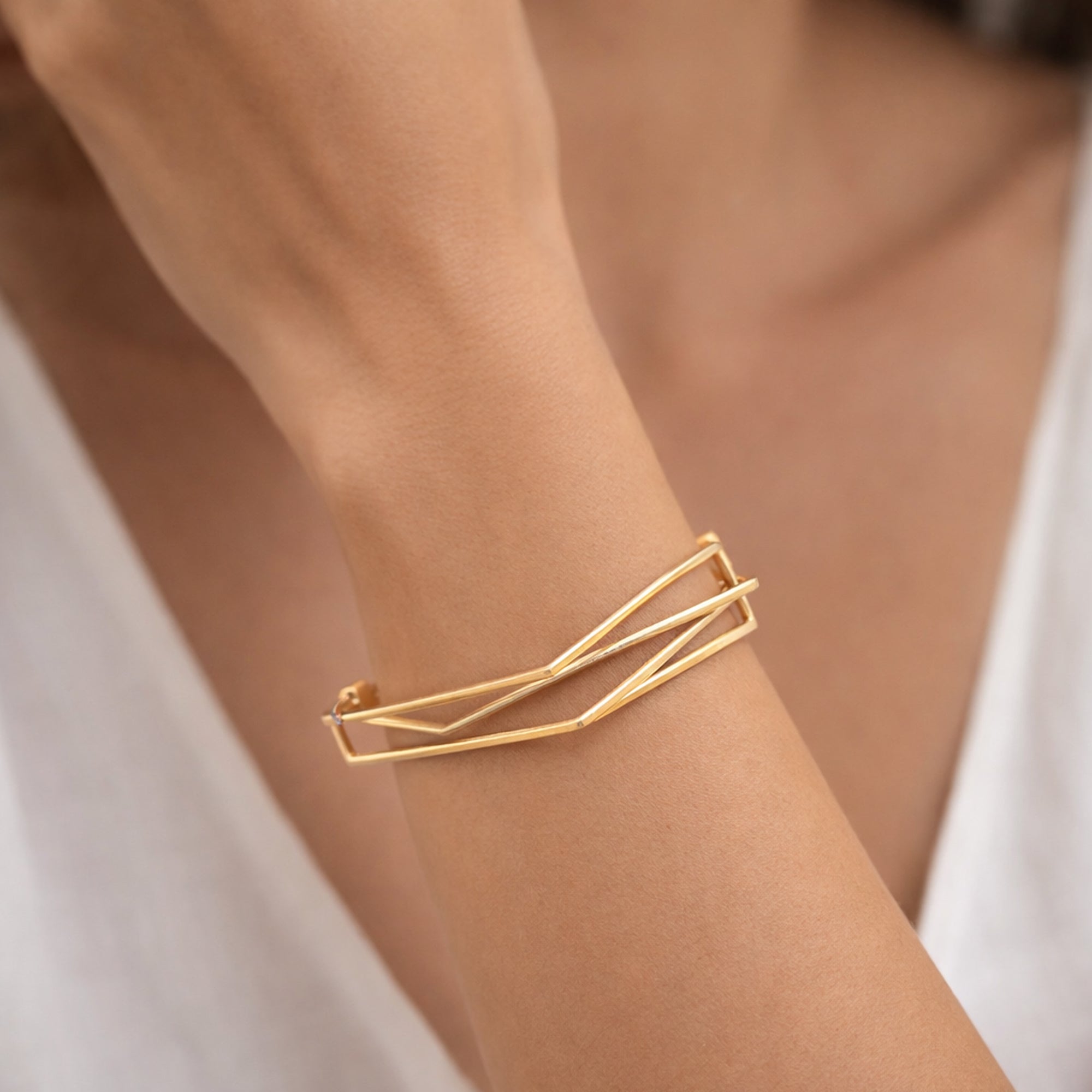 925 Sterling Silver Gold Plated Geometric Criss-Cross Open Cuff Bracelet for Women | Modern Angular Kada | Adjustable Minimal Jewelry
