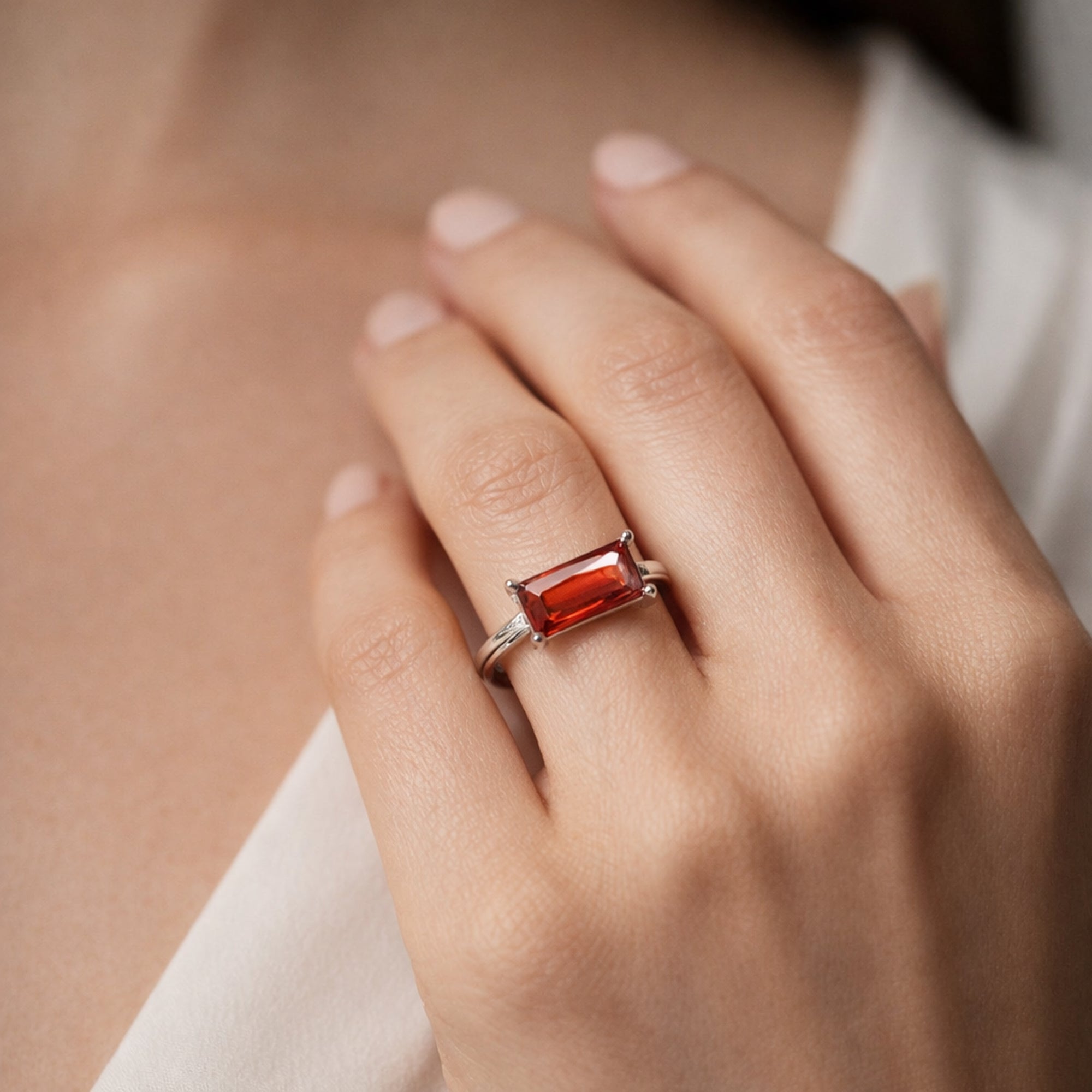 Emerald Cut Red Stone Ring in 925 Sterling Silver – Adjustable Open Band