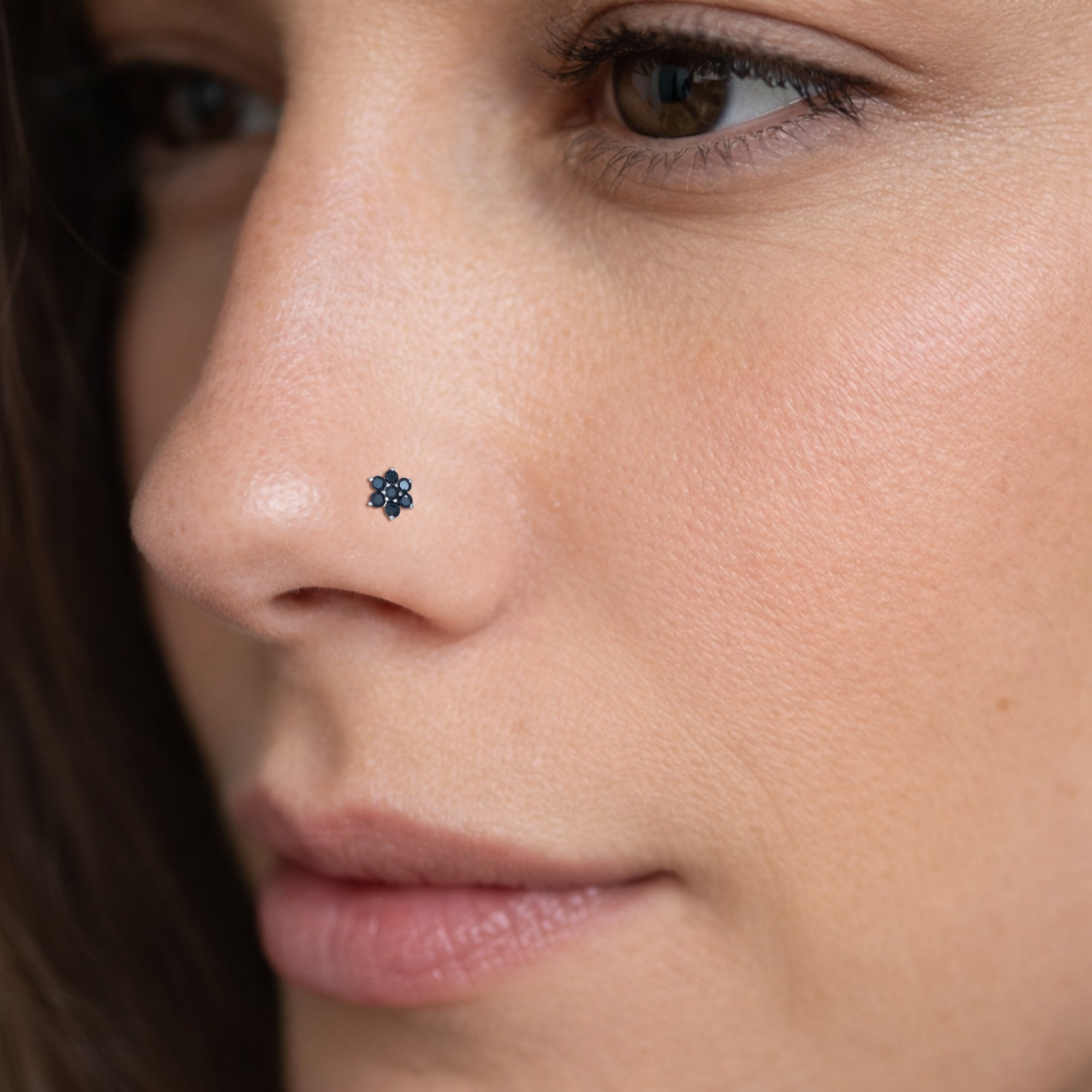 Elegant Black Floral Stone Nose Pin in 925 Sterling Silver