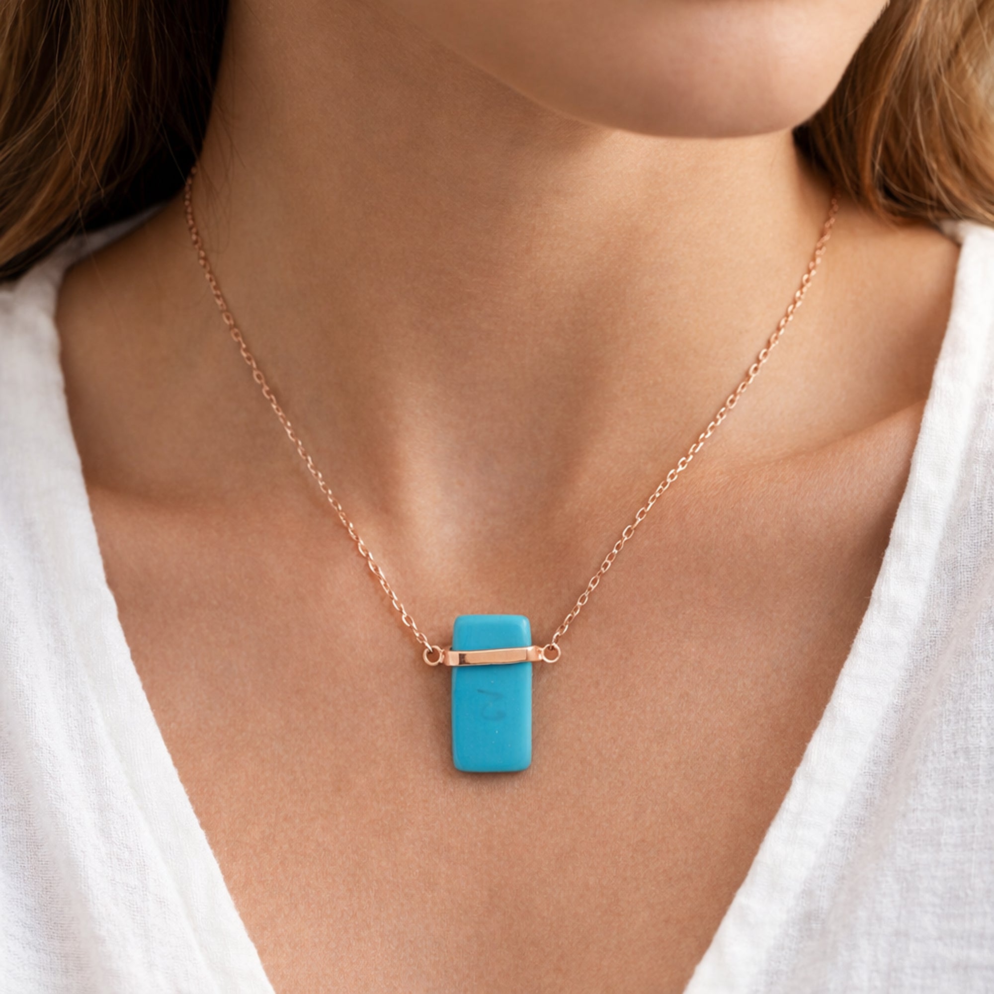 925 Sterling Silver Rose Gold-Plated Turquoise Bar Pendant Necklace for Women