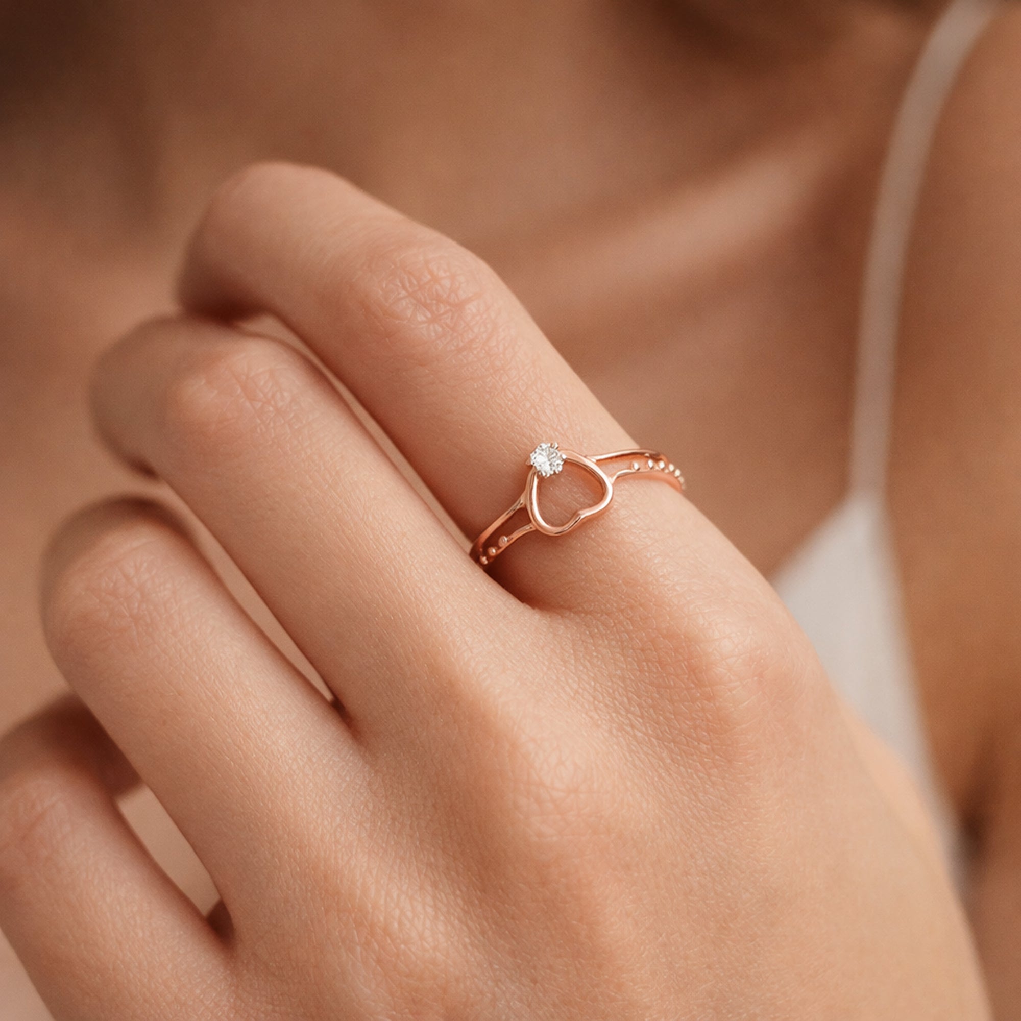 Rose Gold Heart Adjustable Ring in 925 Sterling Silver with Solitaire CZ