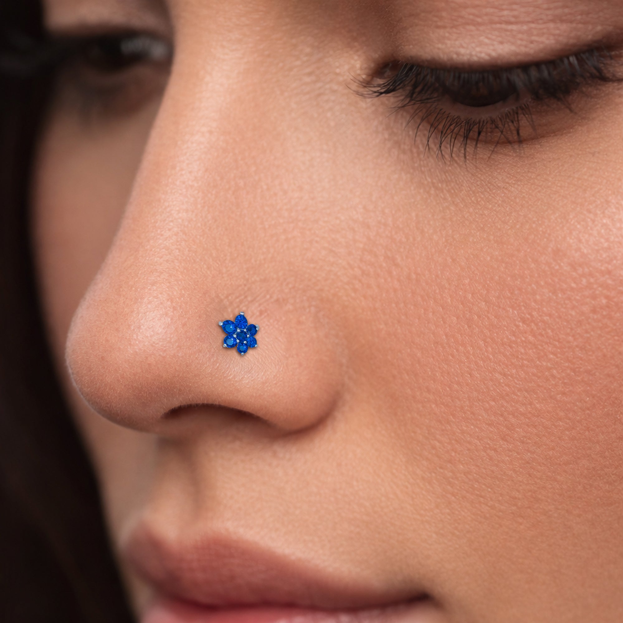 925 Sterling Silver Blue Floral Nose Pin | Elegant Flower Design Nose Stud for Women & Girls