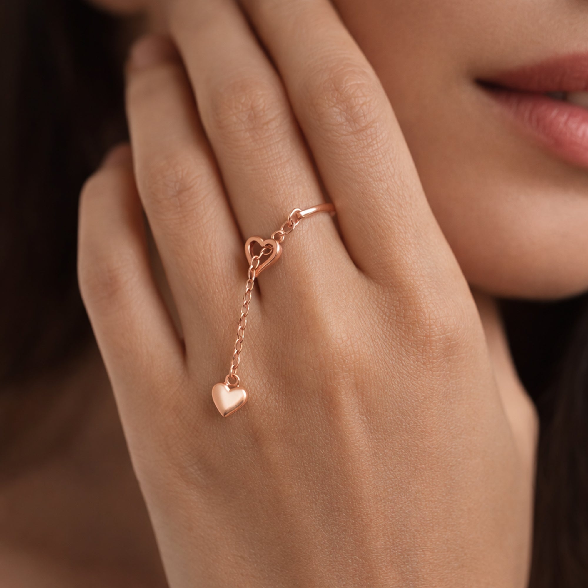 S925 Rose Gold Heart Dangle Ring for Women | Adjustable Open Ring with Double Heart Charm