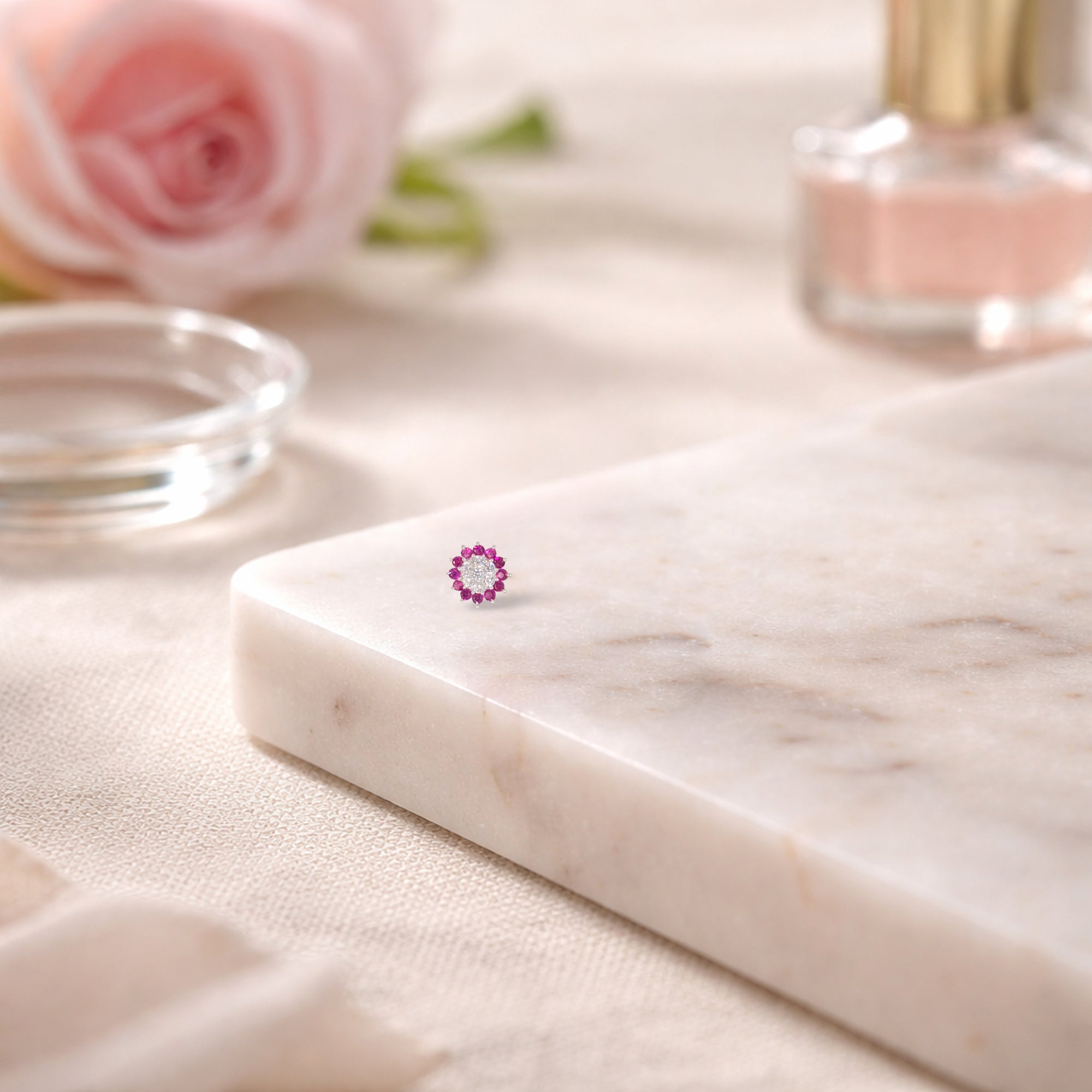 TVISVA JEWELS 925 Sterling Silver Floral Nose Pin for Women, Studded with White & Magenta Cubic Zirconia Stones, Daily Wear Nose Ring