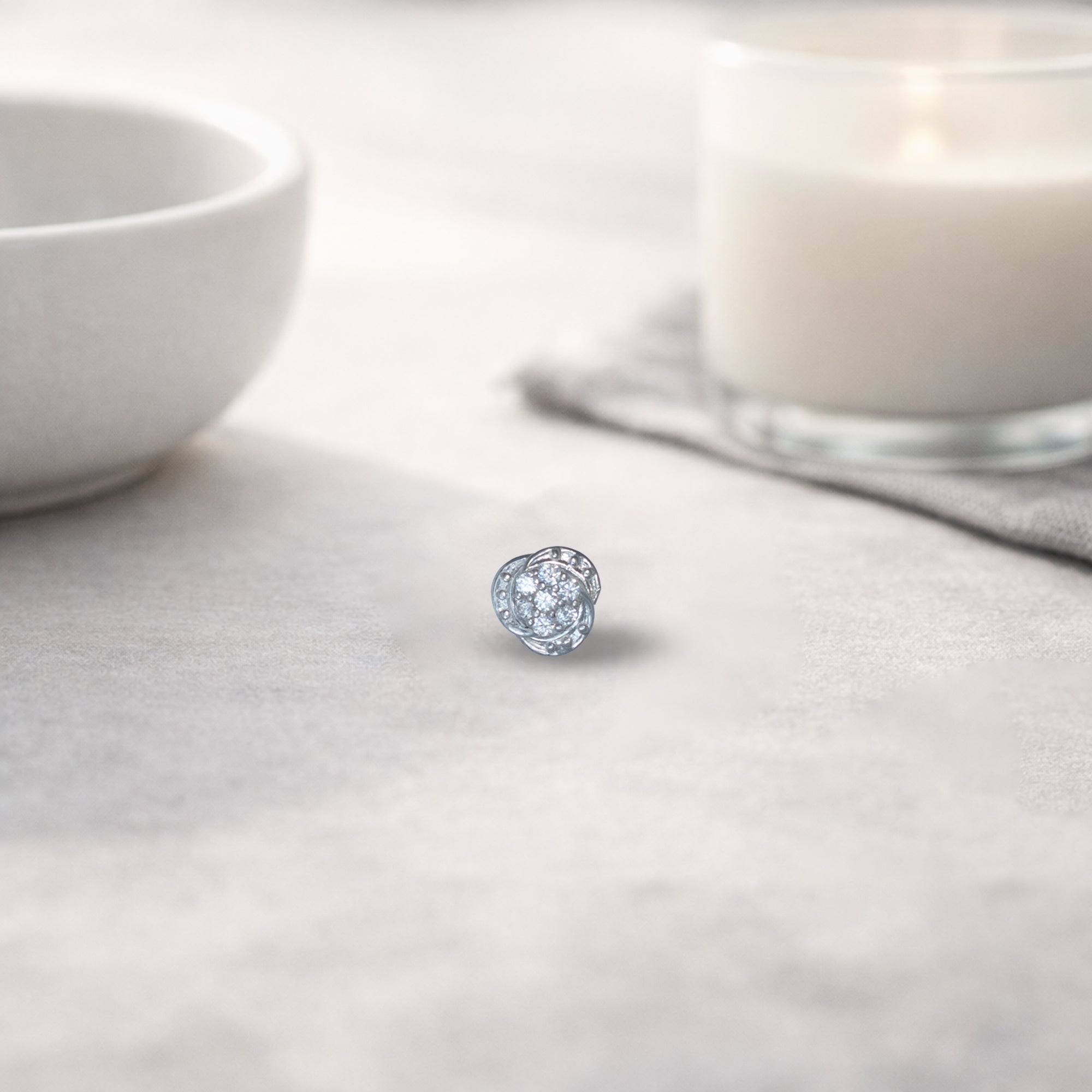 925 Sterling Silver Crystal Floral Nose Pin | Classic Round Diamond-Style Nose Stud