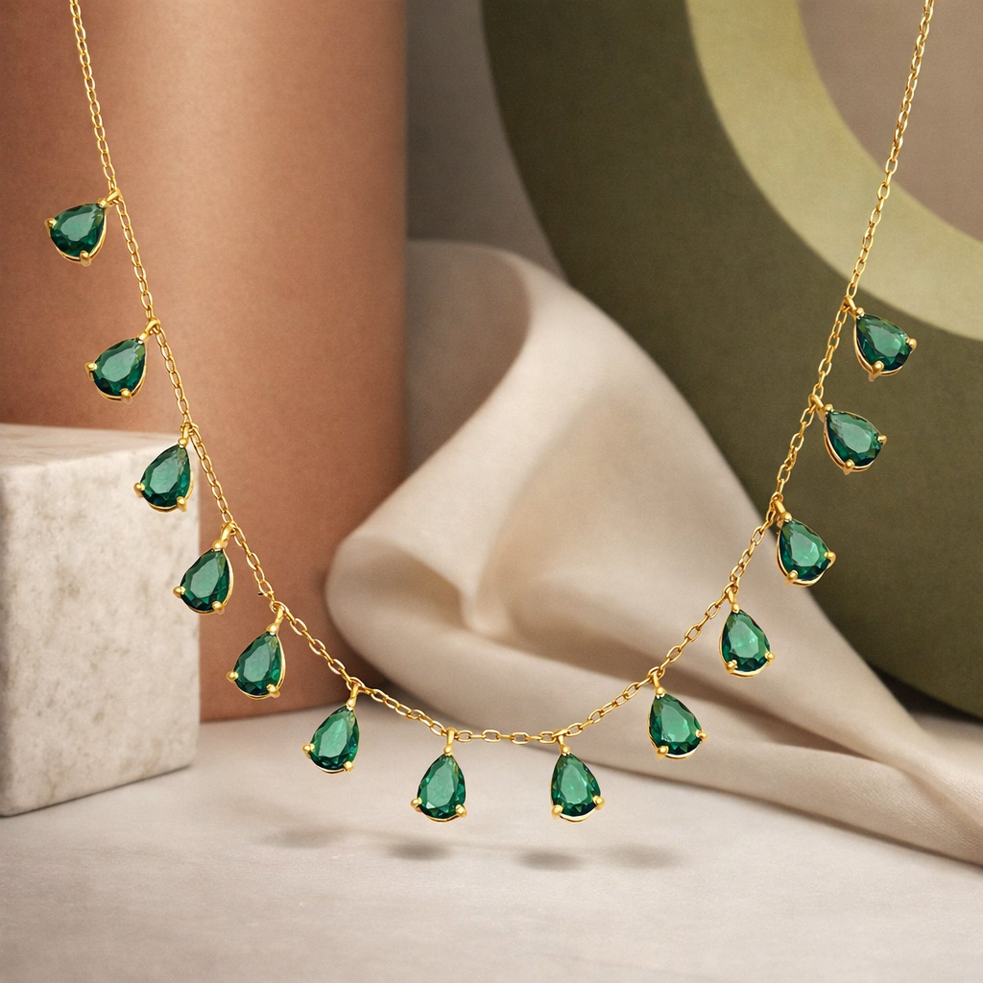 Emerald Teardrop Dangle Necklace in 925 Sterling Silver – Gold Plated Statement Chain
