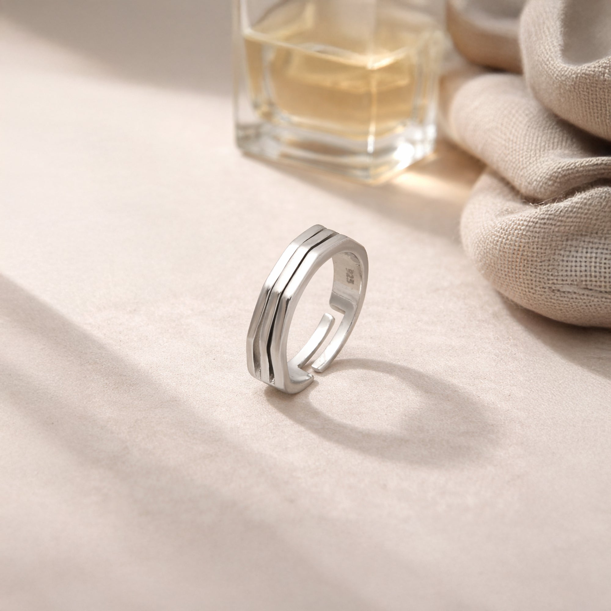 925 Sterling Silver Adjustable Minimal Groove Ring for Women | Open Band Modern Statement Ring