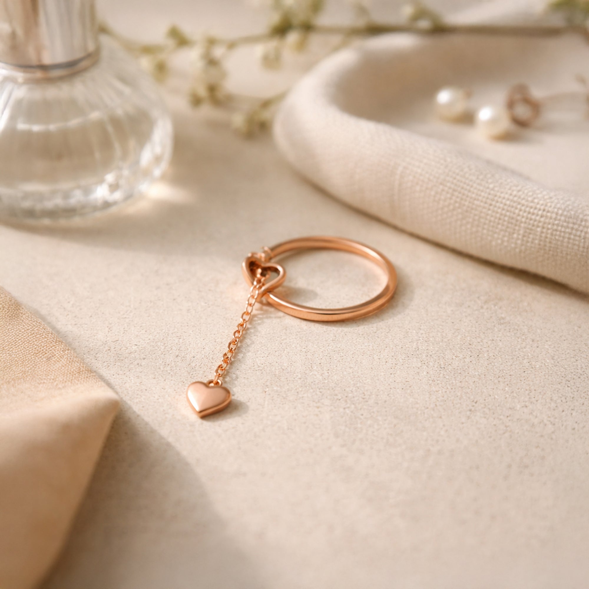 S925 Rose Gold Heart Dangle Ring for Women | Adjustable Open Ring with Double Heart Charm
