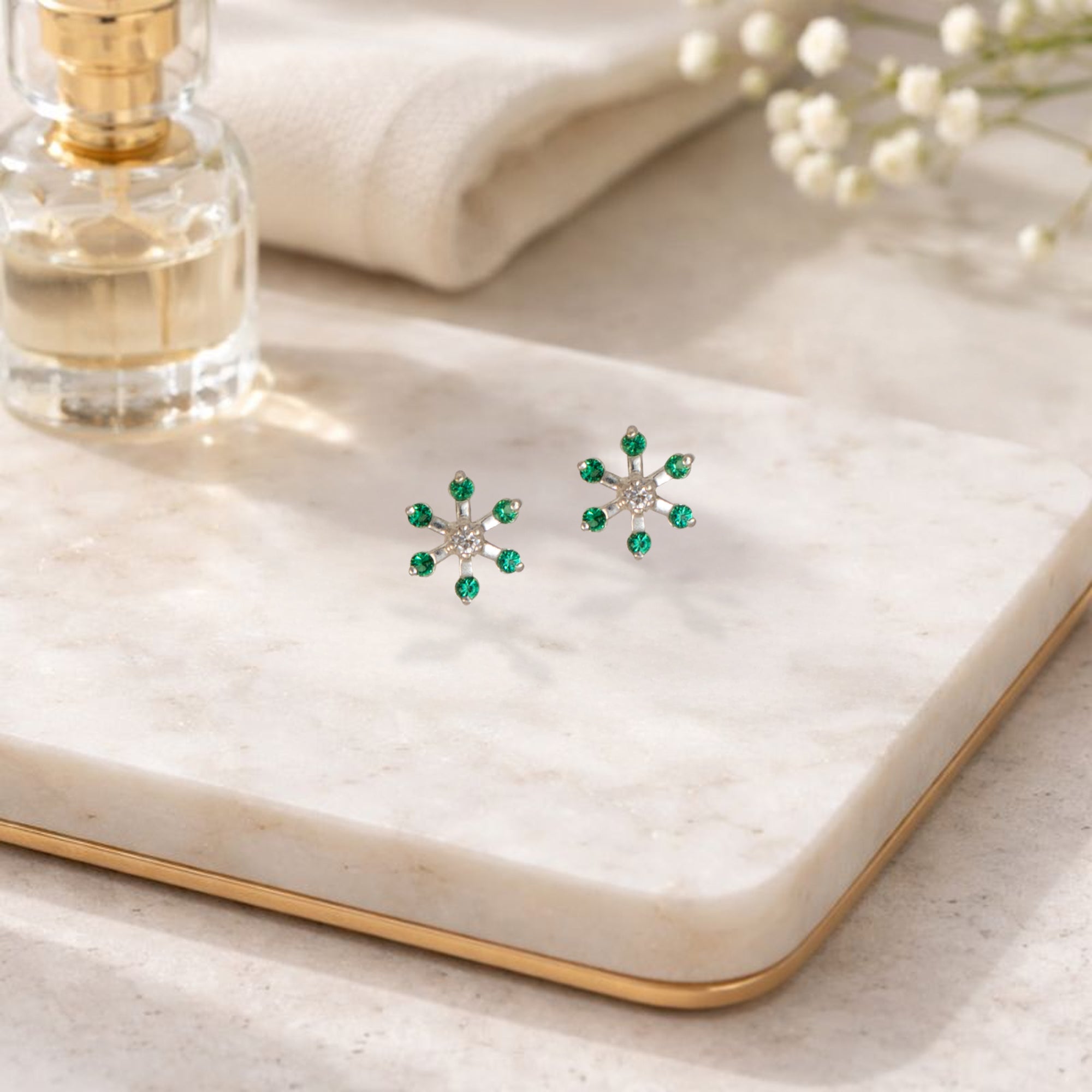 925 Sterling Silver Snowflake Stud Earrings for Women | CZ Diamond Star Floral Design