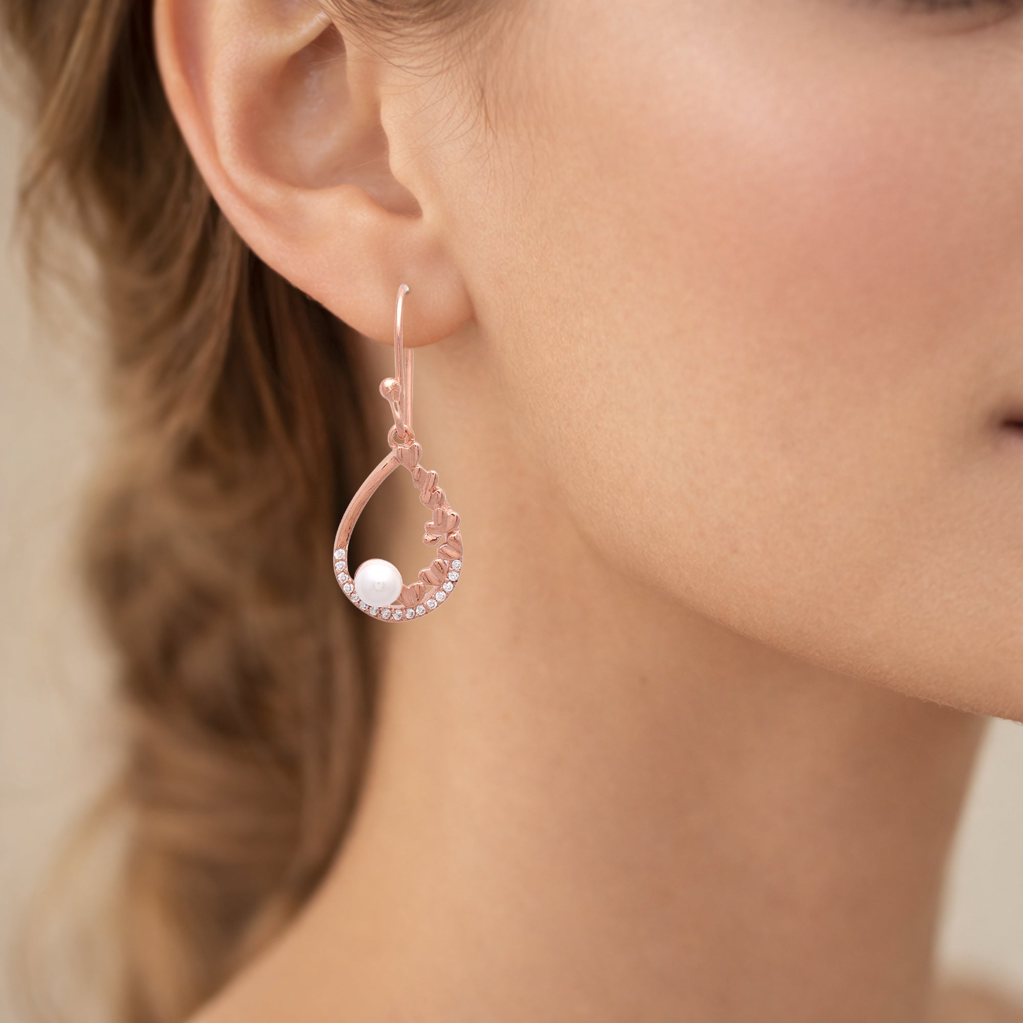 925 Sterling Silver Rose Gold-Plated Teardrop Pearl Drop Earrings with Crystal Accents