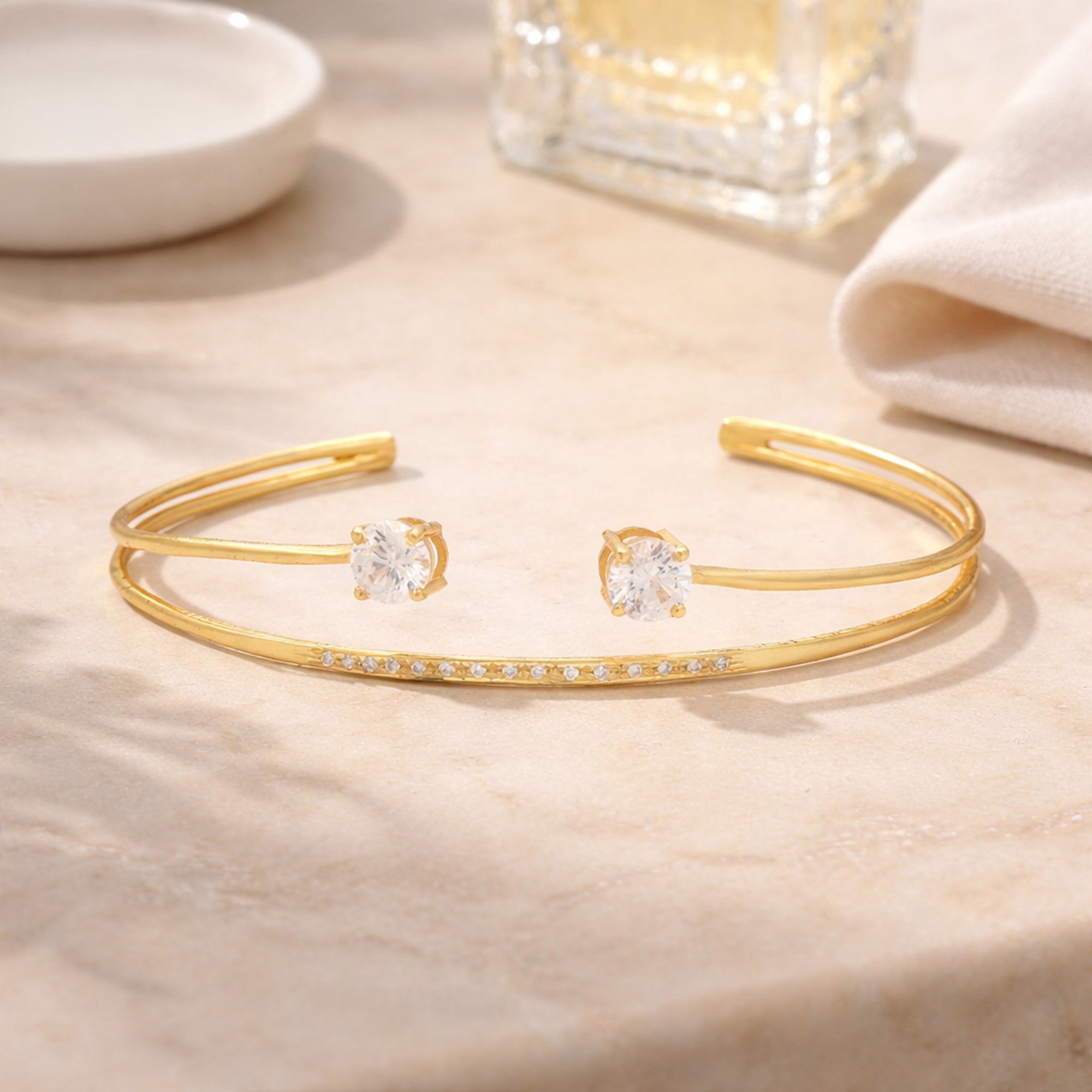 925 Sterling Silver Gold-Plated Open Cuff Bracelet with CZ Stones | Adjustable Minimal Designer Kada for Women