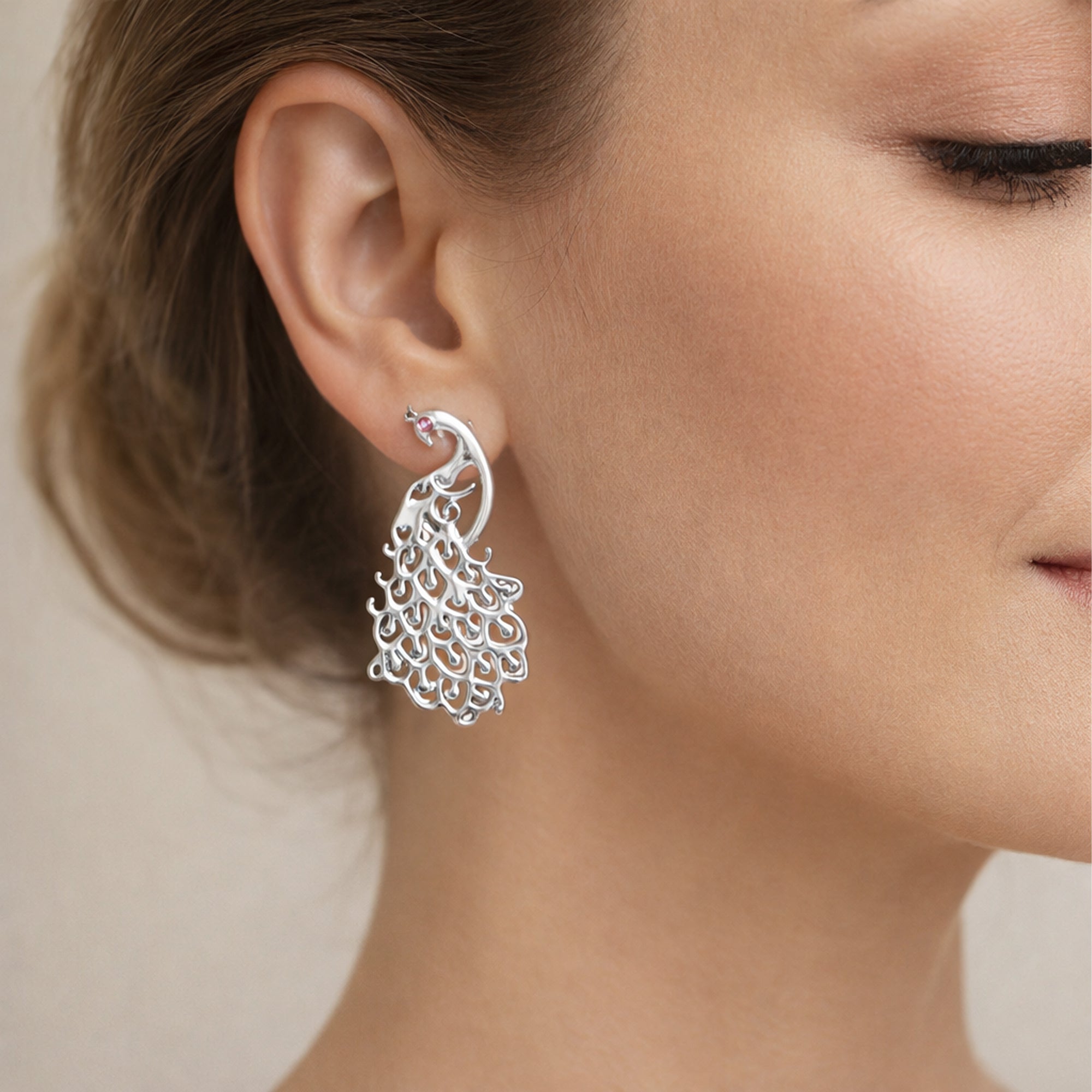 925 Sterling Silver Peacock Motif Stud Earrings with Pink Stone Accent