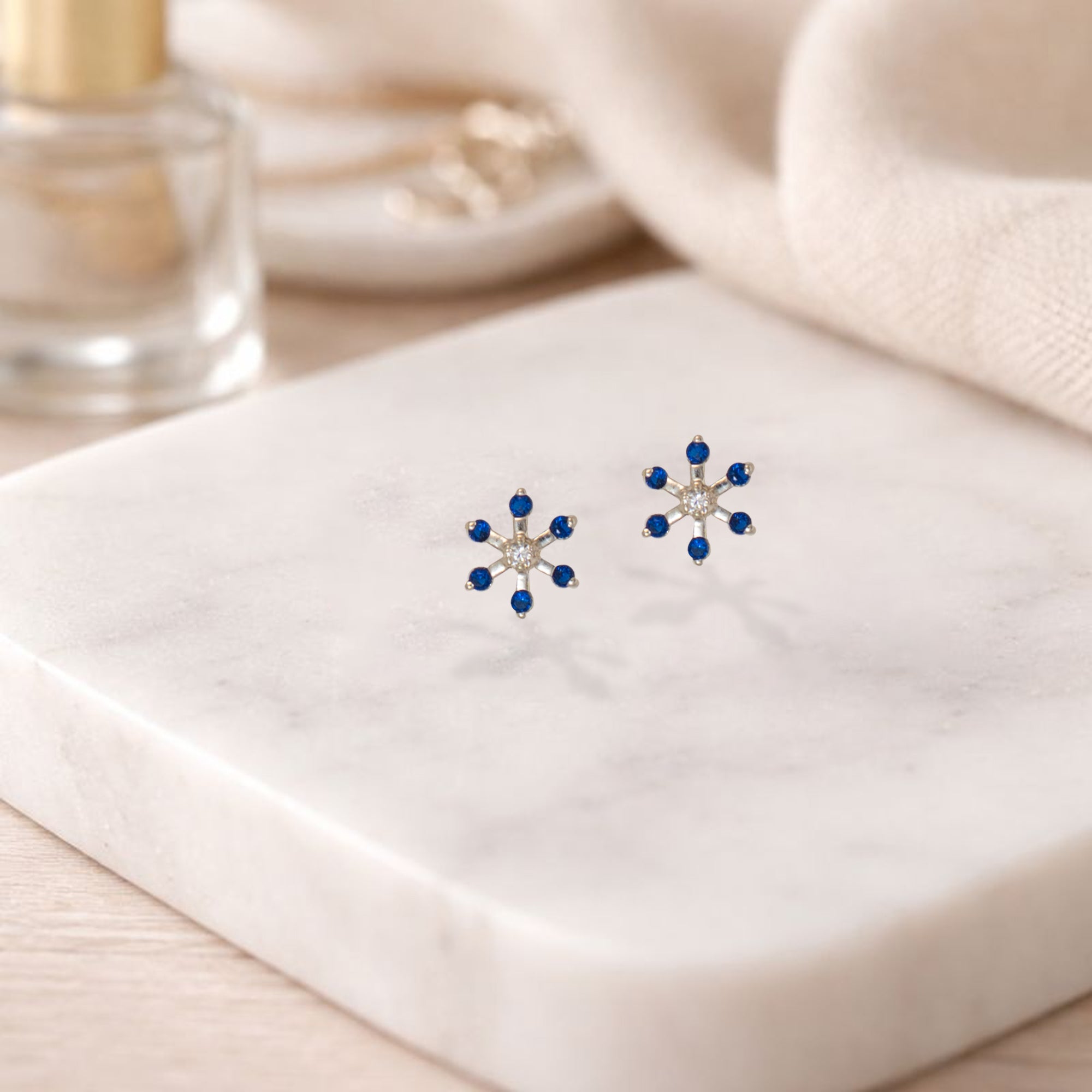 925 Sterling Silver Blue Stone Starburst Stud Earrings | Floral Sparkle Design