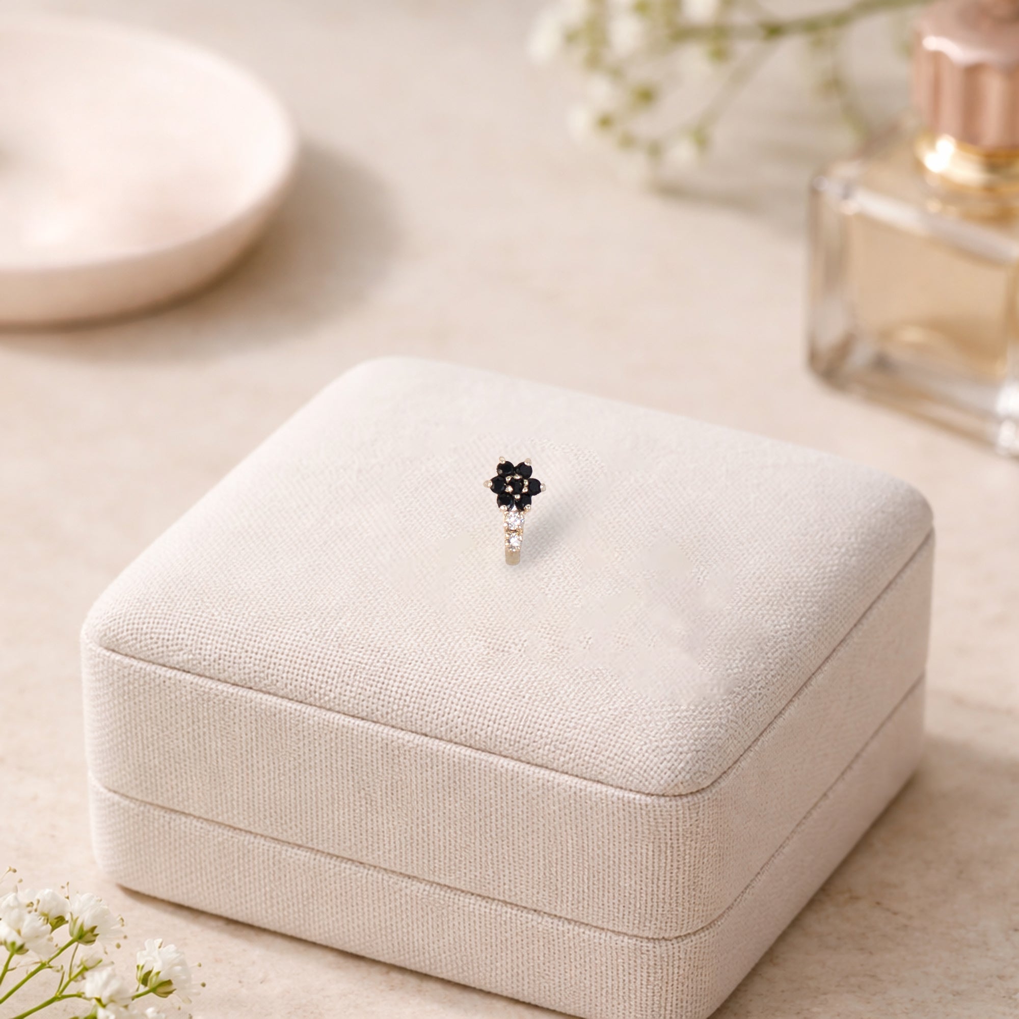 TVISVA JEWELS 925 Sterling Silver Black Floral Nose Pin for Women with Cubic Zirconia Stones