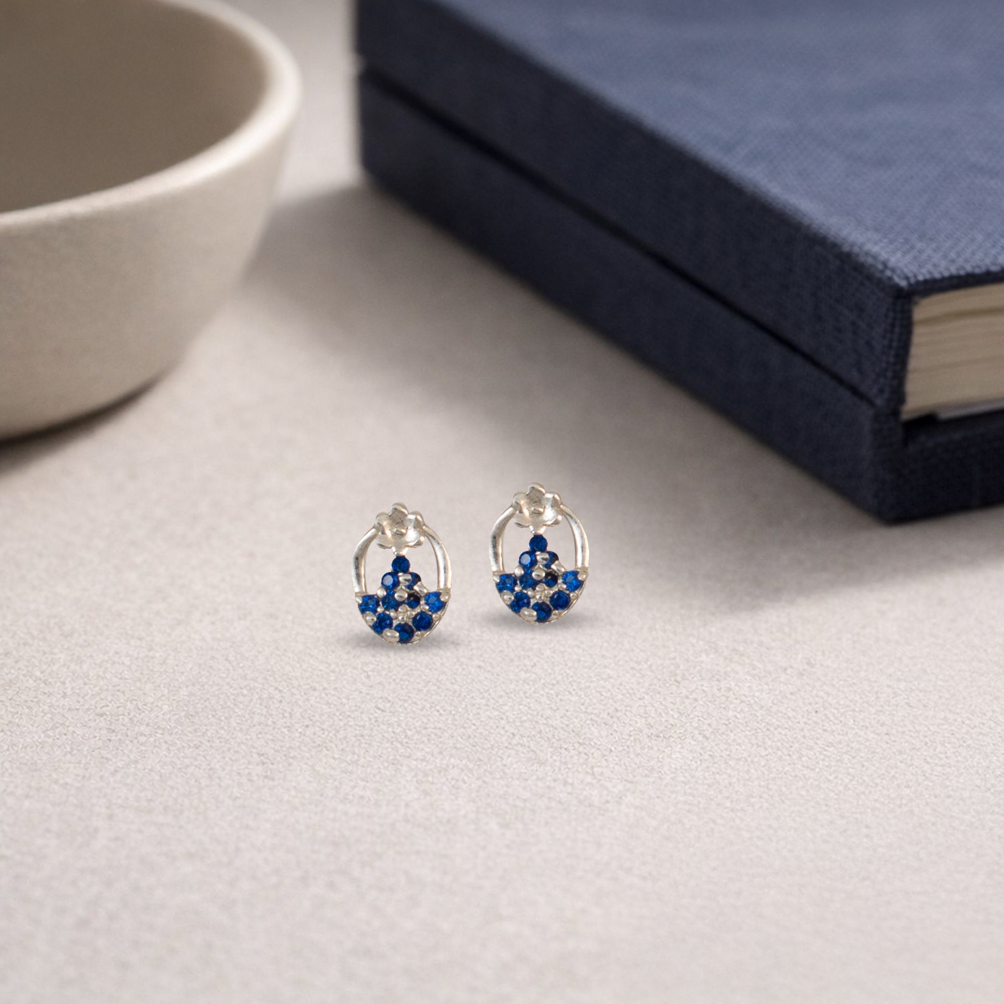 925 Sterling Silver Blue Crystal Oval Stud Earrings | Floral Accent Design