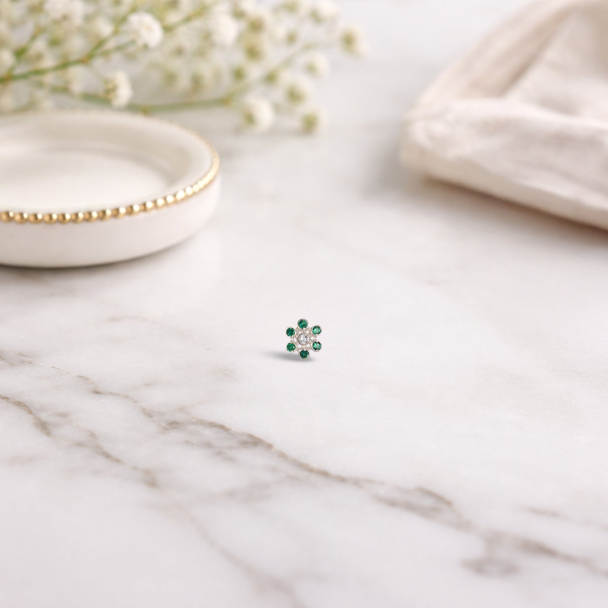 Sterling Silver Nose Stud, Flower Design with Green and Clear Stones