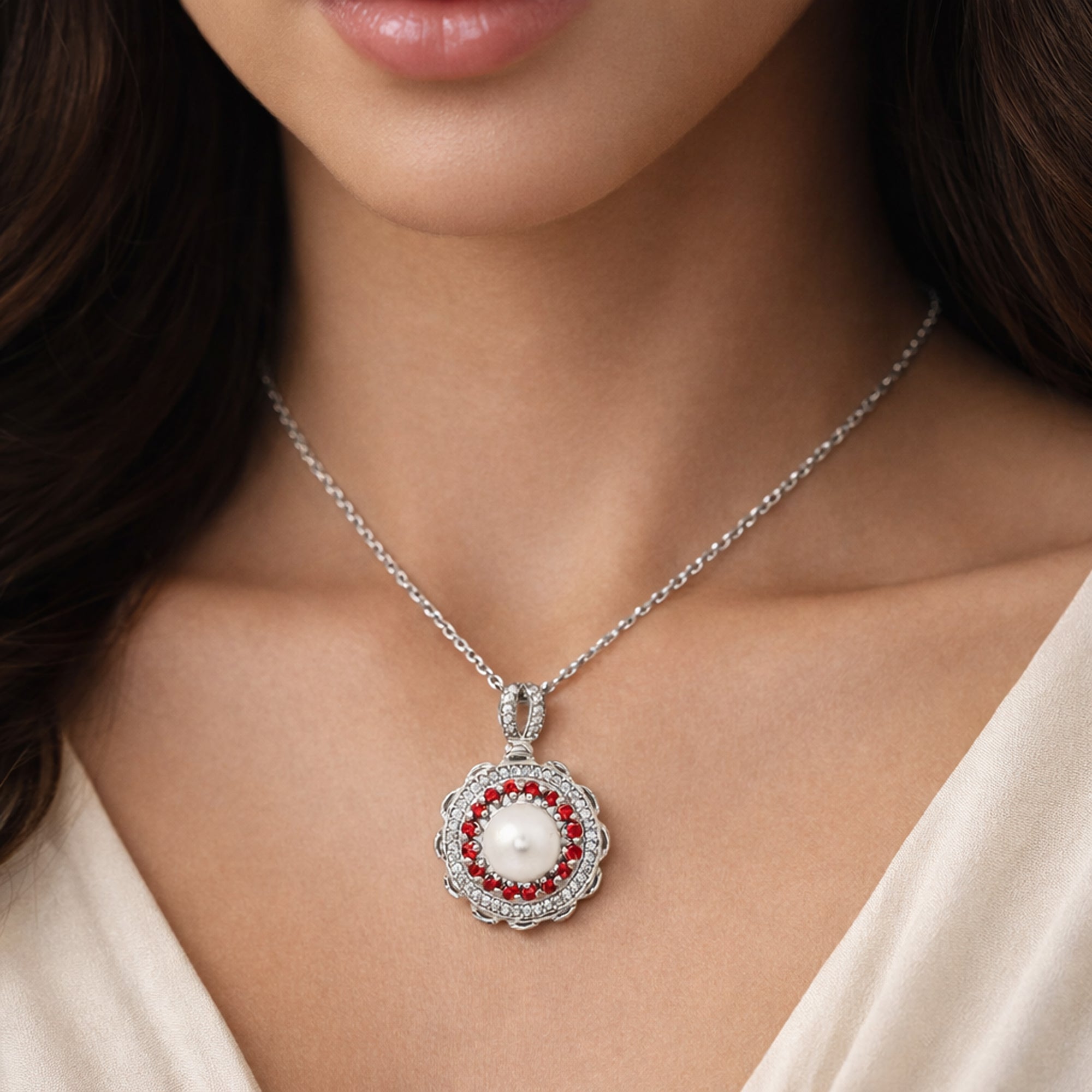Vintage Pearl Halo Pendant Necklace in 925 Sterling Silver with Red & White Stones