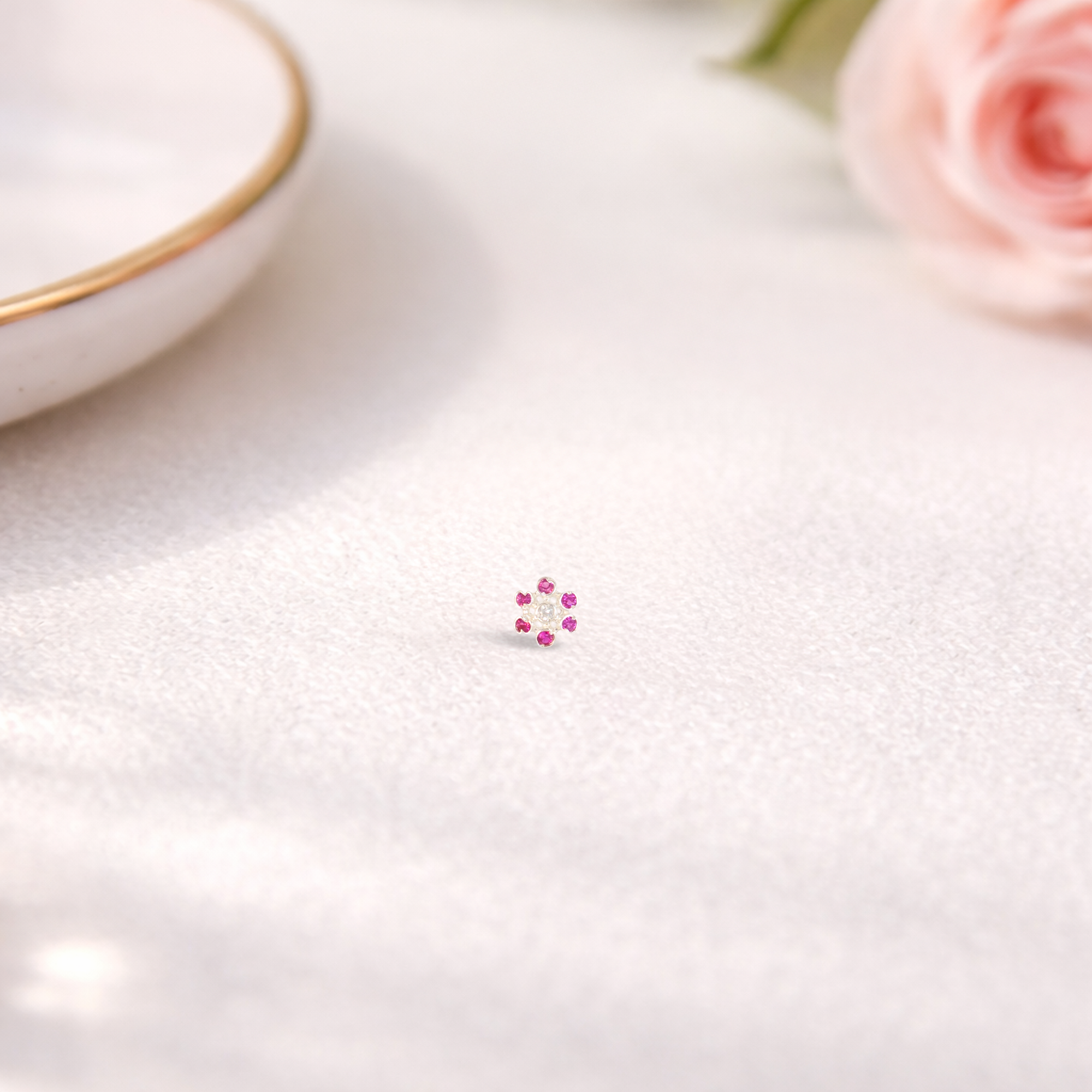 TVISVA JEWELS 925 Sterling Silver Pink & White Cubic Zirconia Floral Nose Pin for Women - Contemporary Traditional Nose Ring
