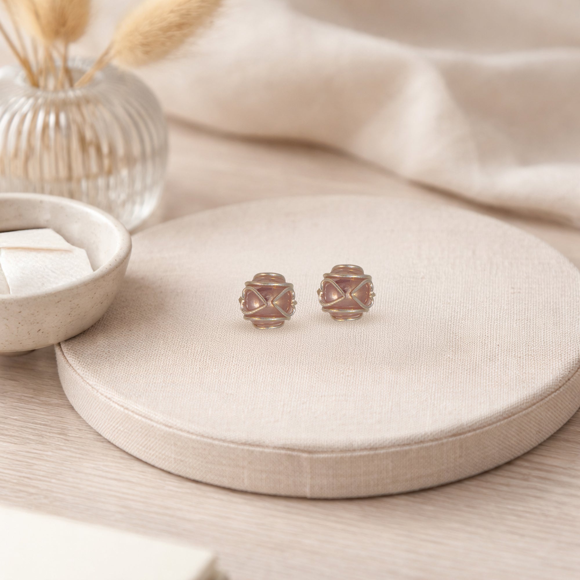 Blush Pink Bead Stud Earrings for Women | 925 Sterling Silver Wire Wrapped Studs