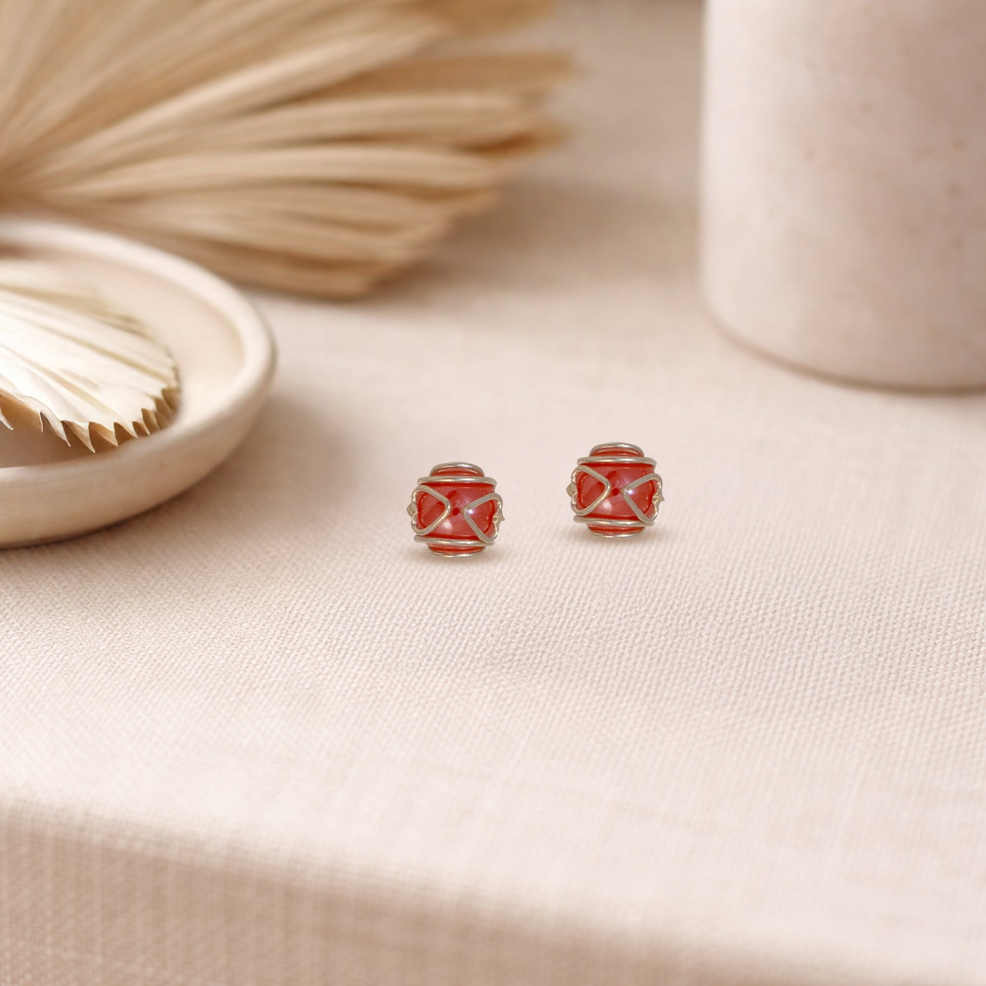 Red Bead Stud Earrings for Women | 925 Sterling Silver Wire Wrapped Studs