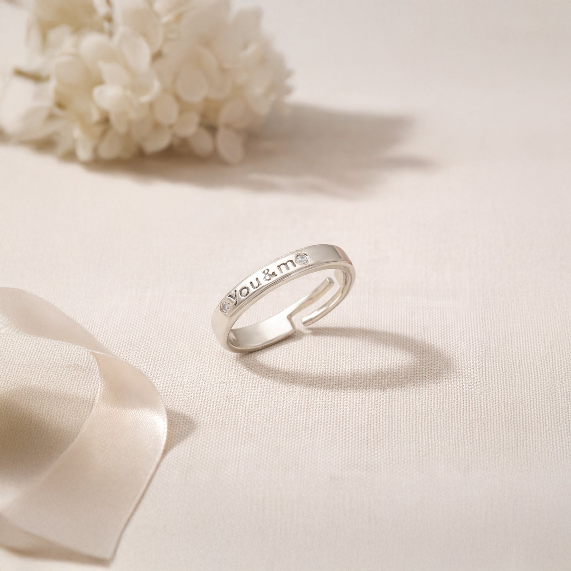 “You & Me” Engraved Ring in 925 Sterling Silver – Adjustable Band with CZ Accents