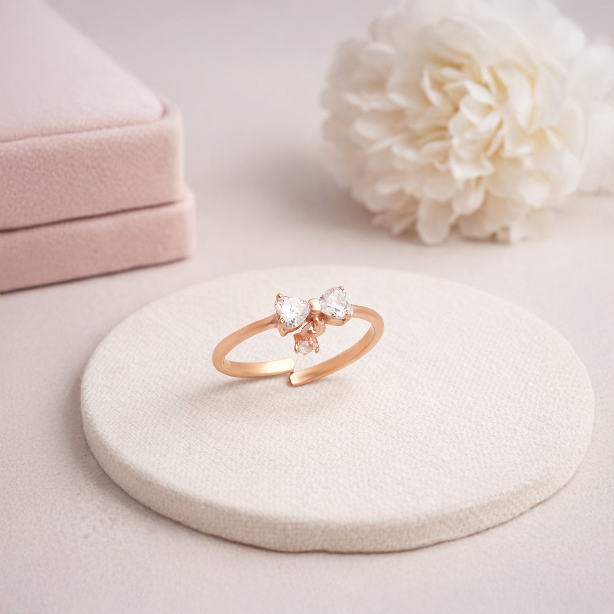Rose Gold Double Heart CZ Adjustable Ring in 925 Sterling Silver