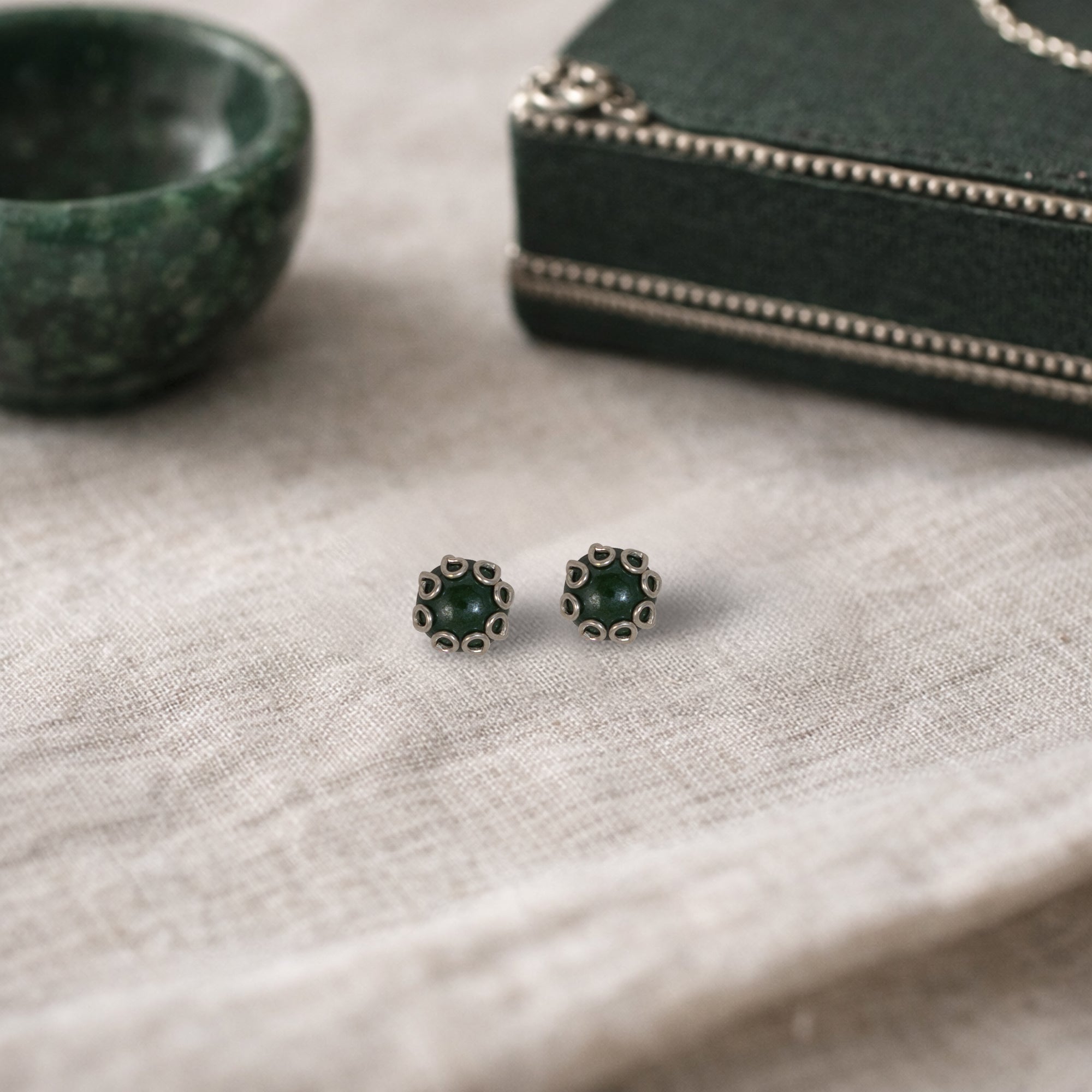 925 Sterling Silver Dark Green Bead Stud Earrings | Textured Silver Loop Design