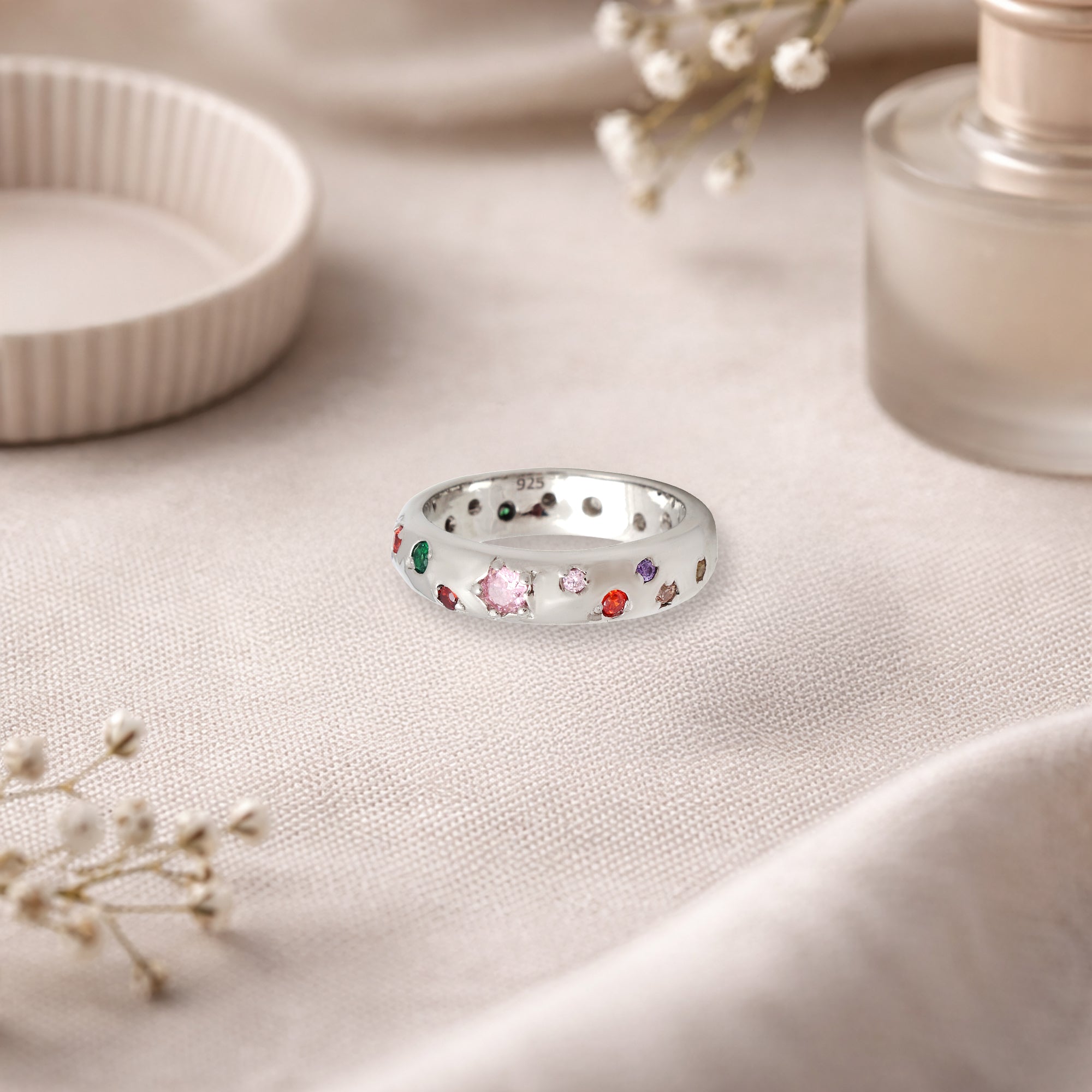 S925 Sterling Silver Multi-Color Crystal Band Ring | Rainbow Gemstone Statement Ring for Women