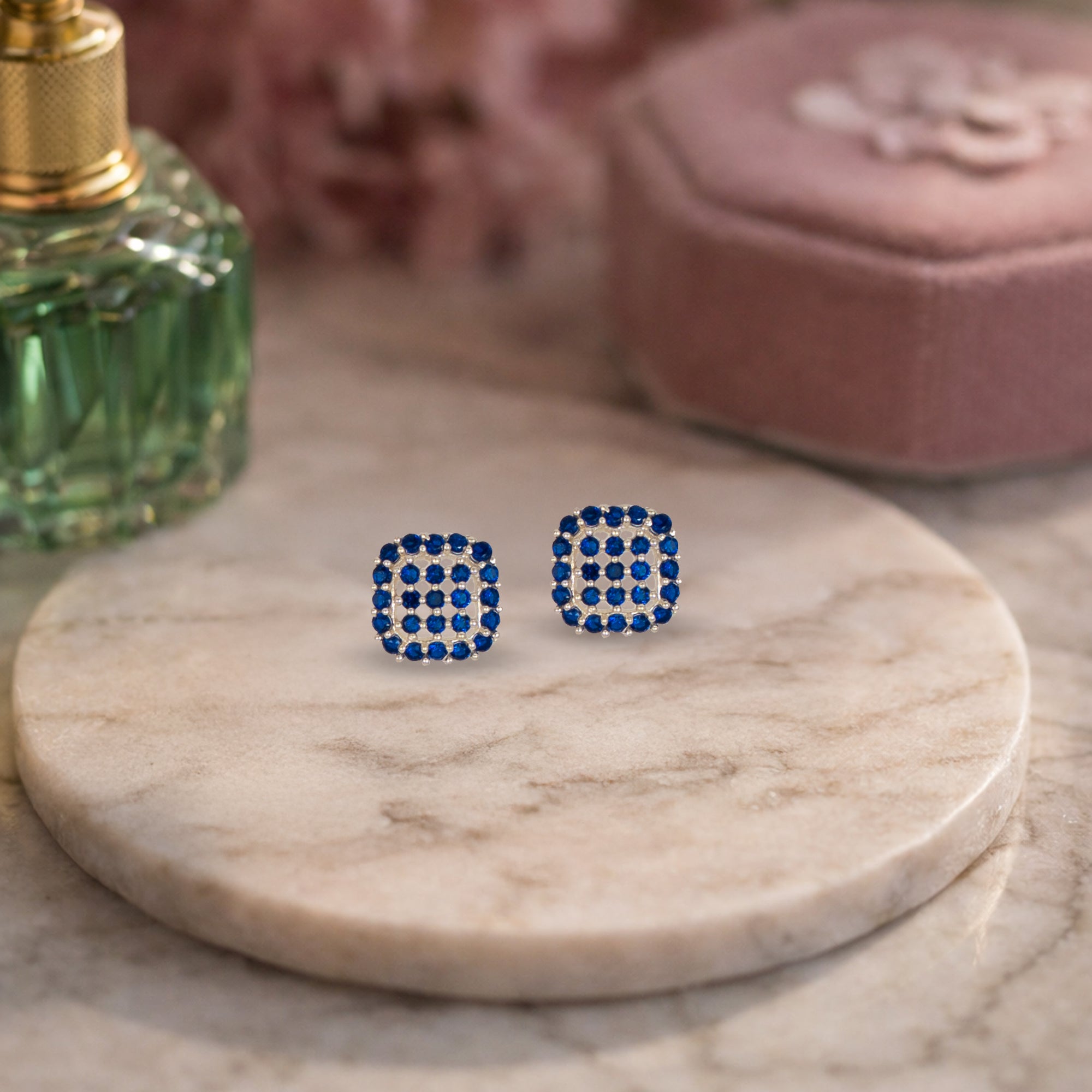 925 Sterling Silver Blue Stone Square Stud Earrings