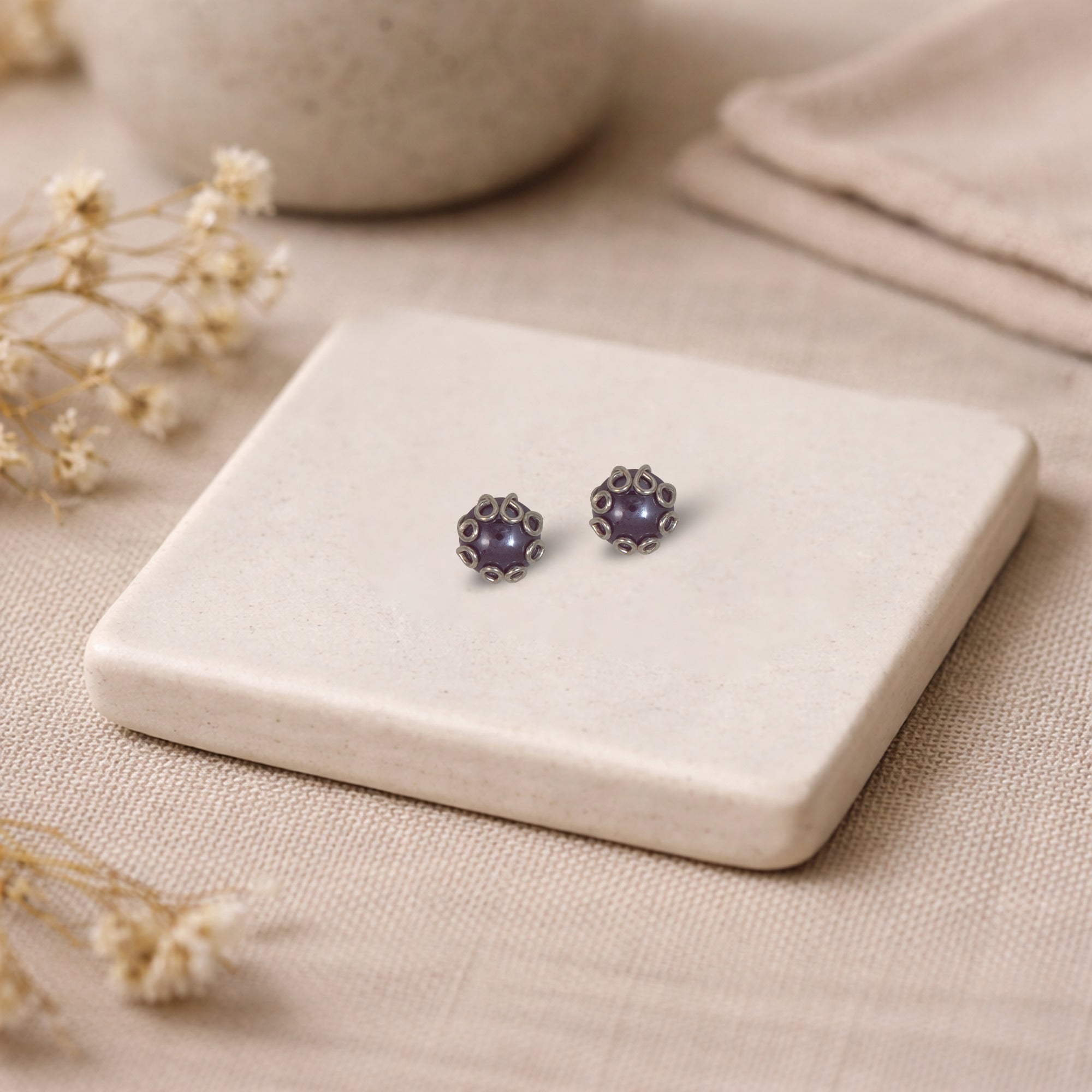 925 Sterling Silver Purple Bead Stud Earrings | Sculpted Silver Loop Design