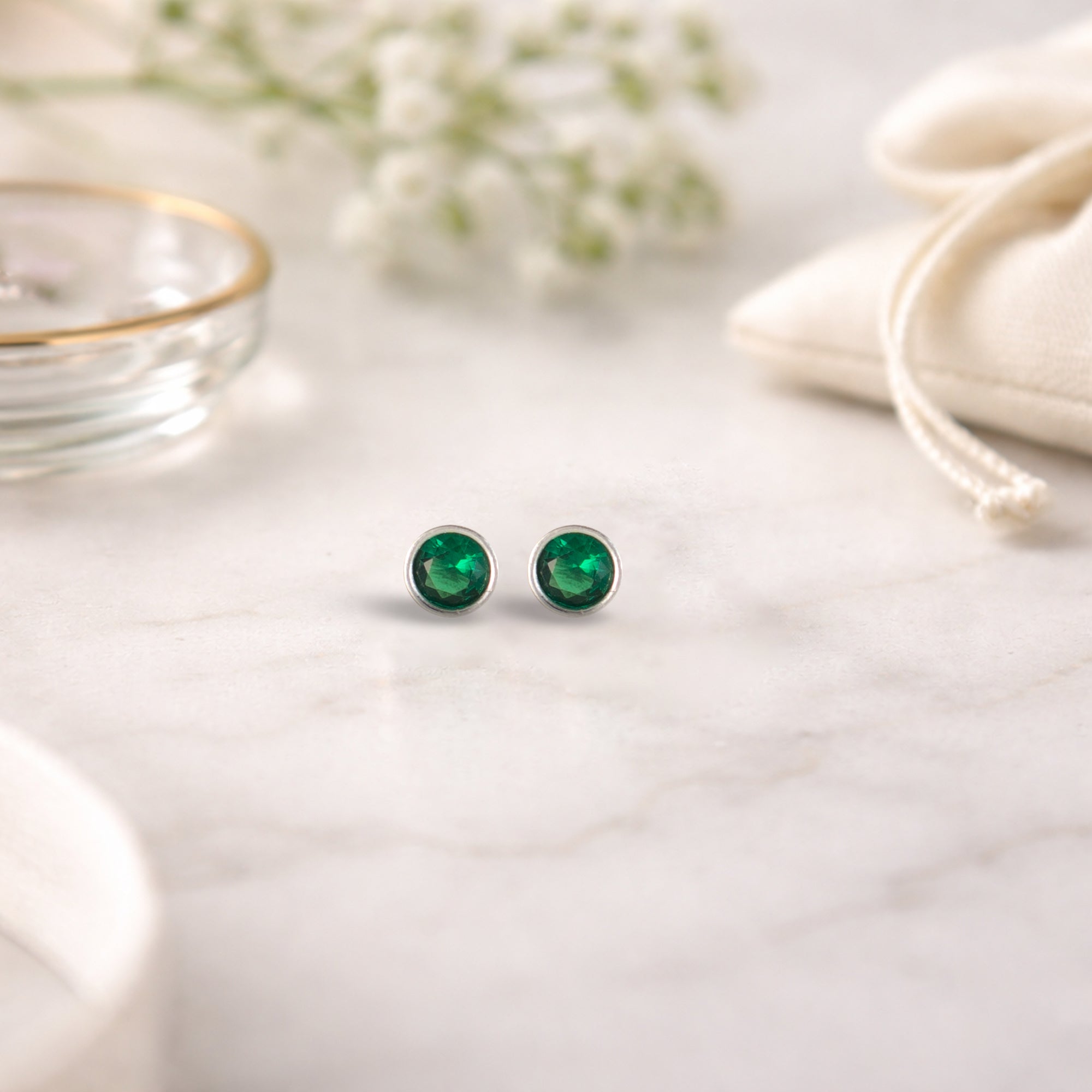 Sterling Silver Green Emerald Round Stud Earrings for Women | 925 Silver Minimal Everyday Earrings