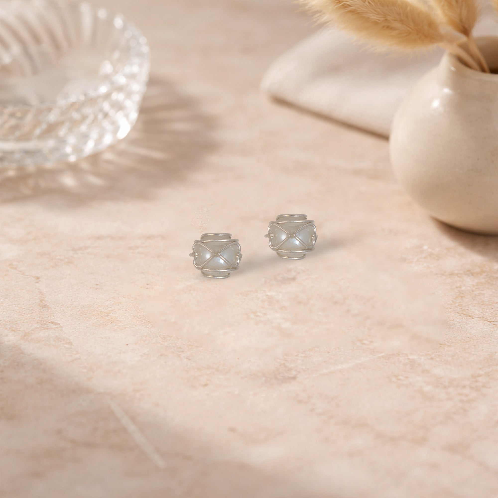 Milky White Bead Stud Earrings for Women | 925 Sterling Silver Wire Wrapped Studs