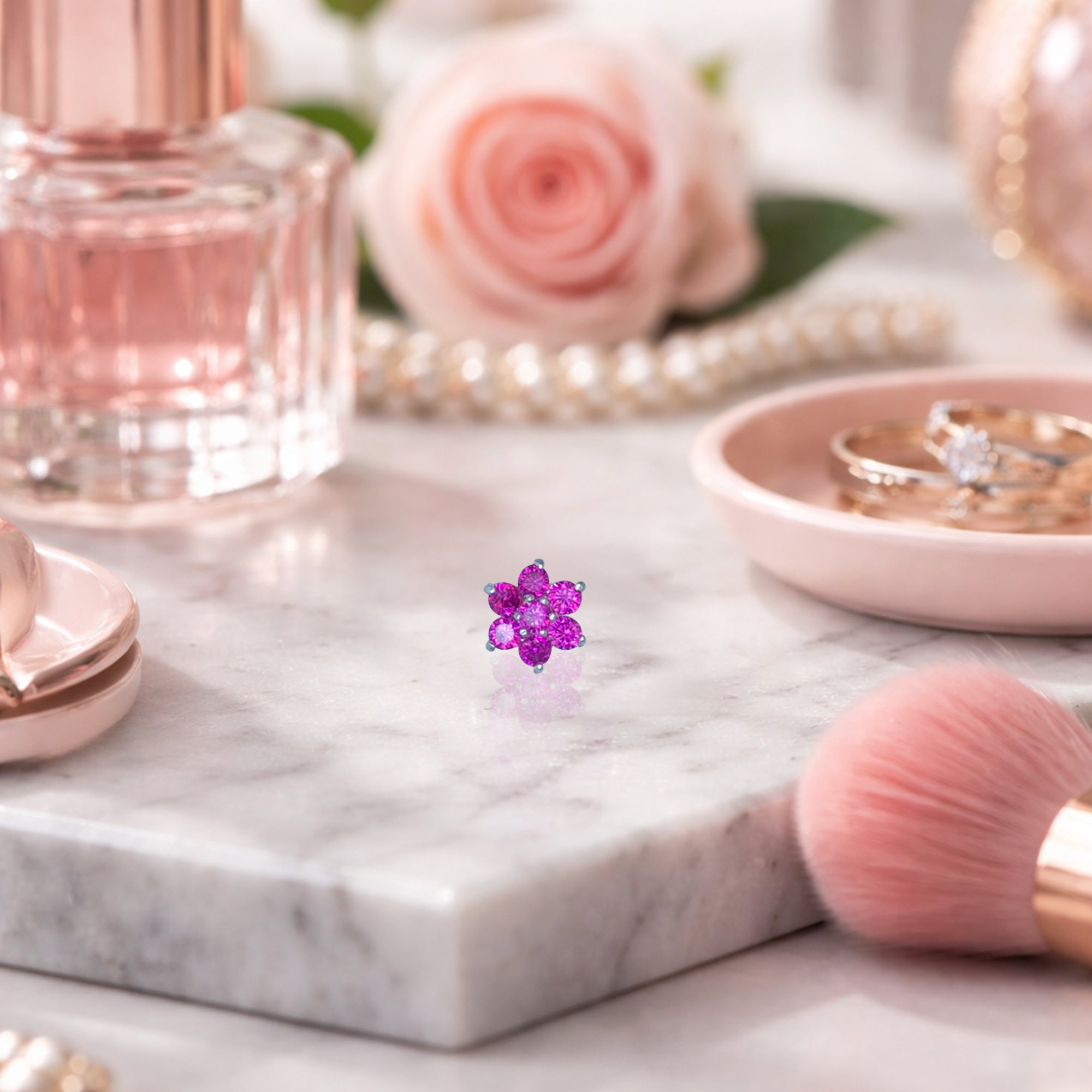 925 Sterling Silver Pink Floral Nose Pin | Elegant Flower Design Nose Stud for Women & Girls