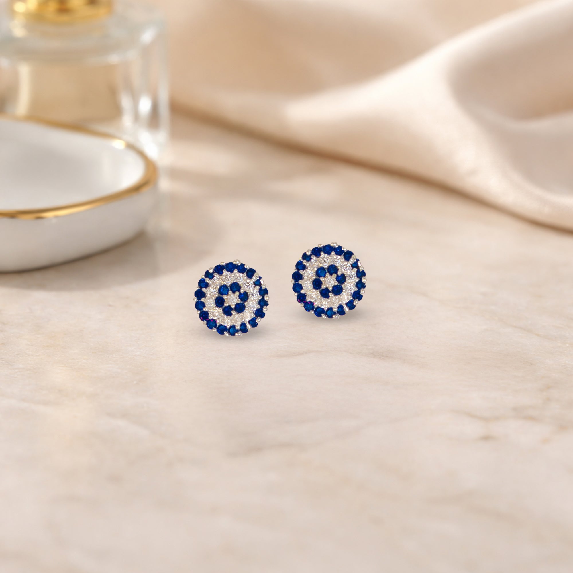 925 Sterling Silver Blue & White Circular Pavé Stud Earrings for Women | Floral Halo Design