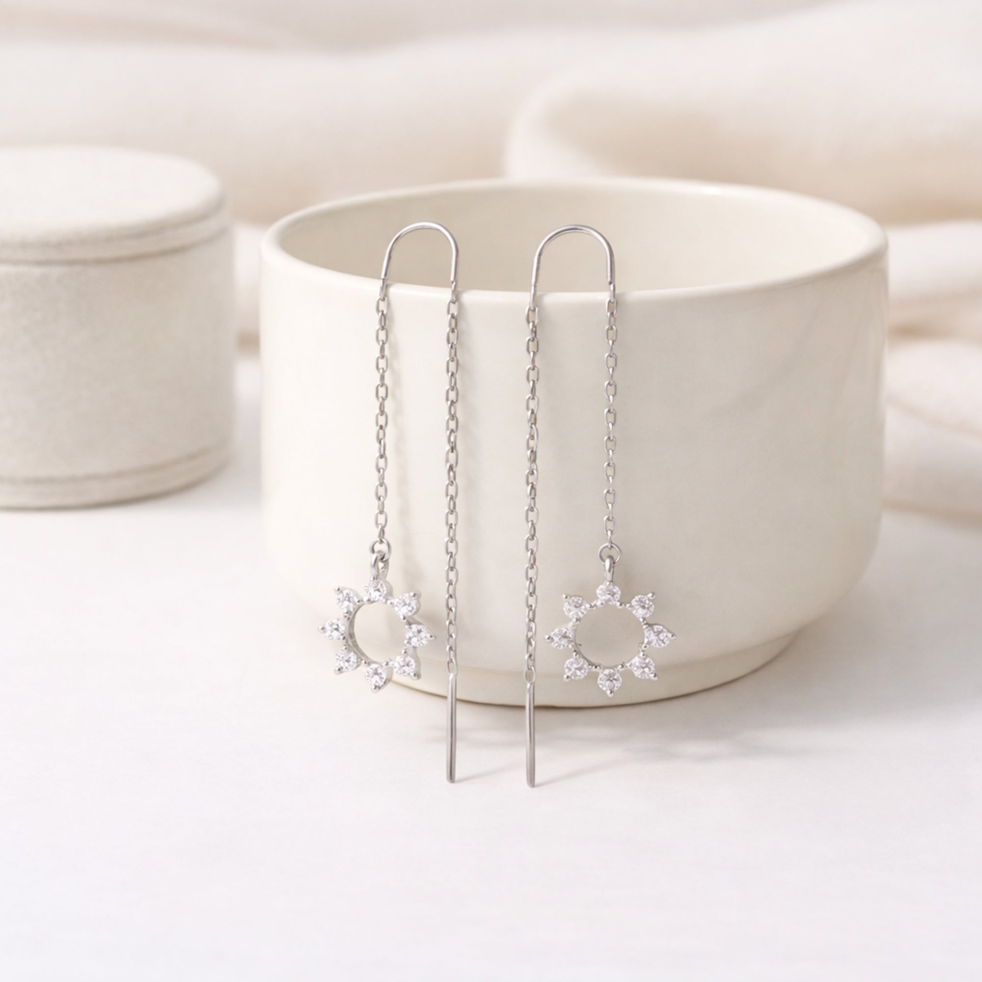 925 Sterling Silver Sunburst Chain Drop Earrings with Crystal Accents